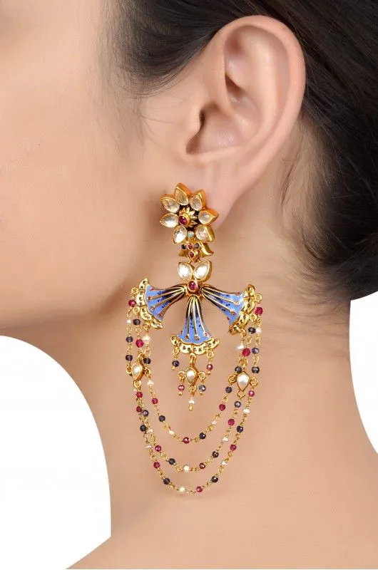 Silver Gold Plated Enamelled Flower Tassel Crystal Fan Earrings