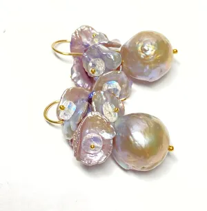 Silver Gray AAAA Pearl Cluster Earrings with Lavender Keishi and Rainbow Moonstone