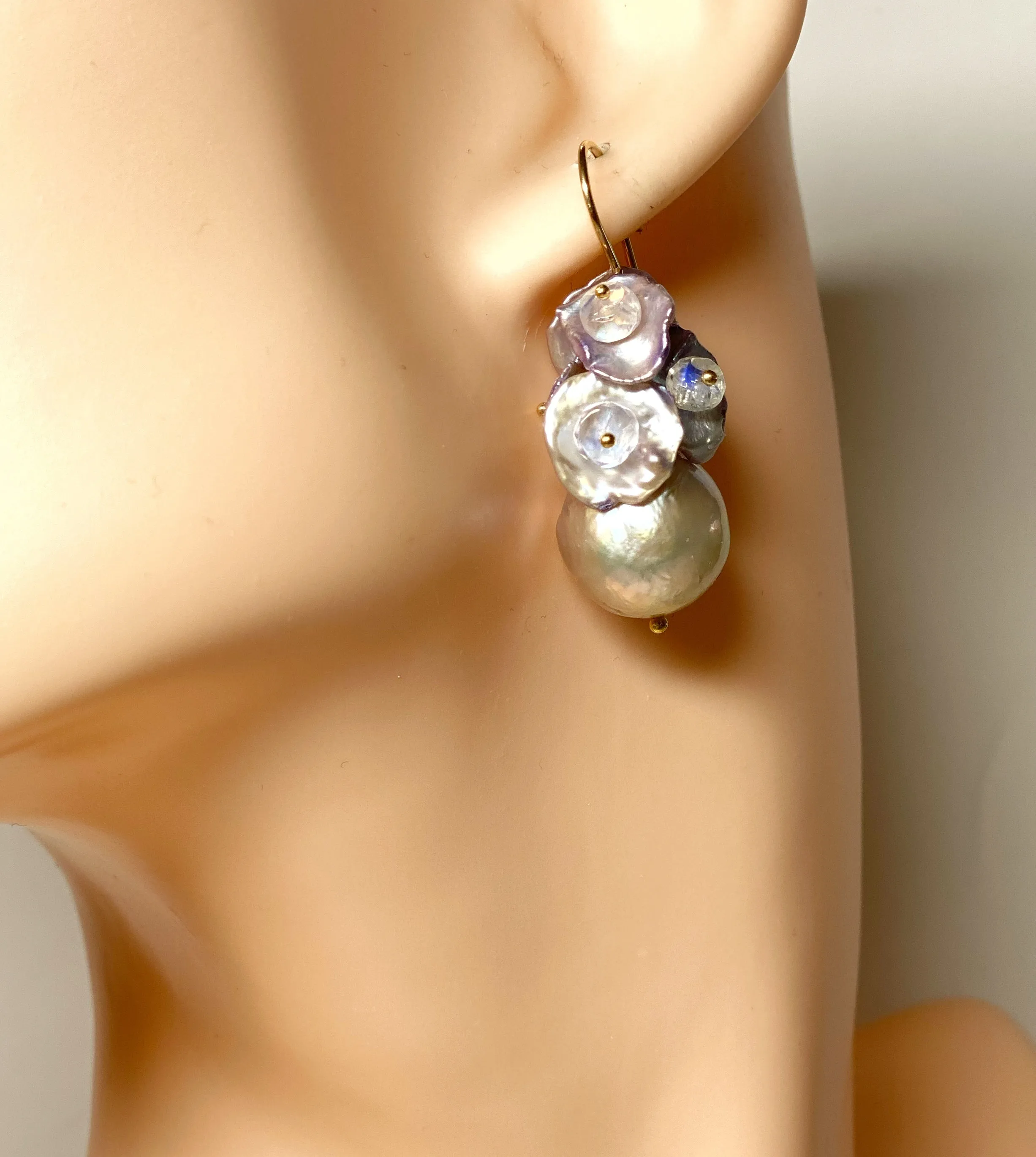 Silver Gray AAAA Pearl Cluster Earrings with Lavender Keishi and Rainbow Moonstone