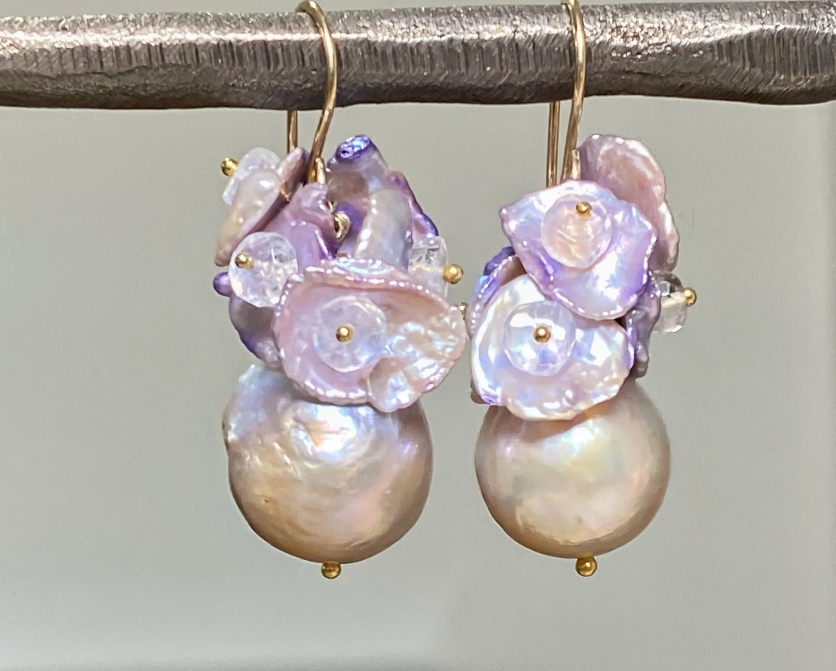 Silver Gray AAAA Pearl Cluster Earrings with Lavender Keishi and Rainbow Moonstone