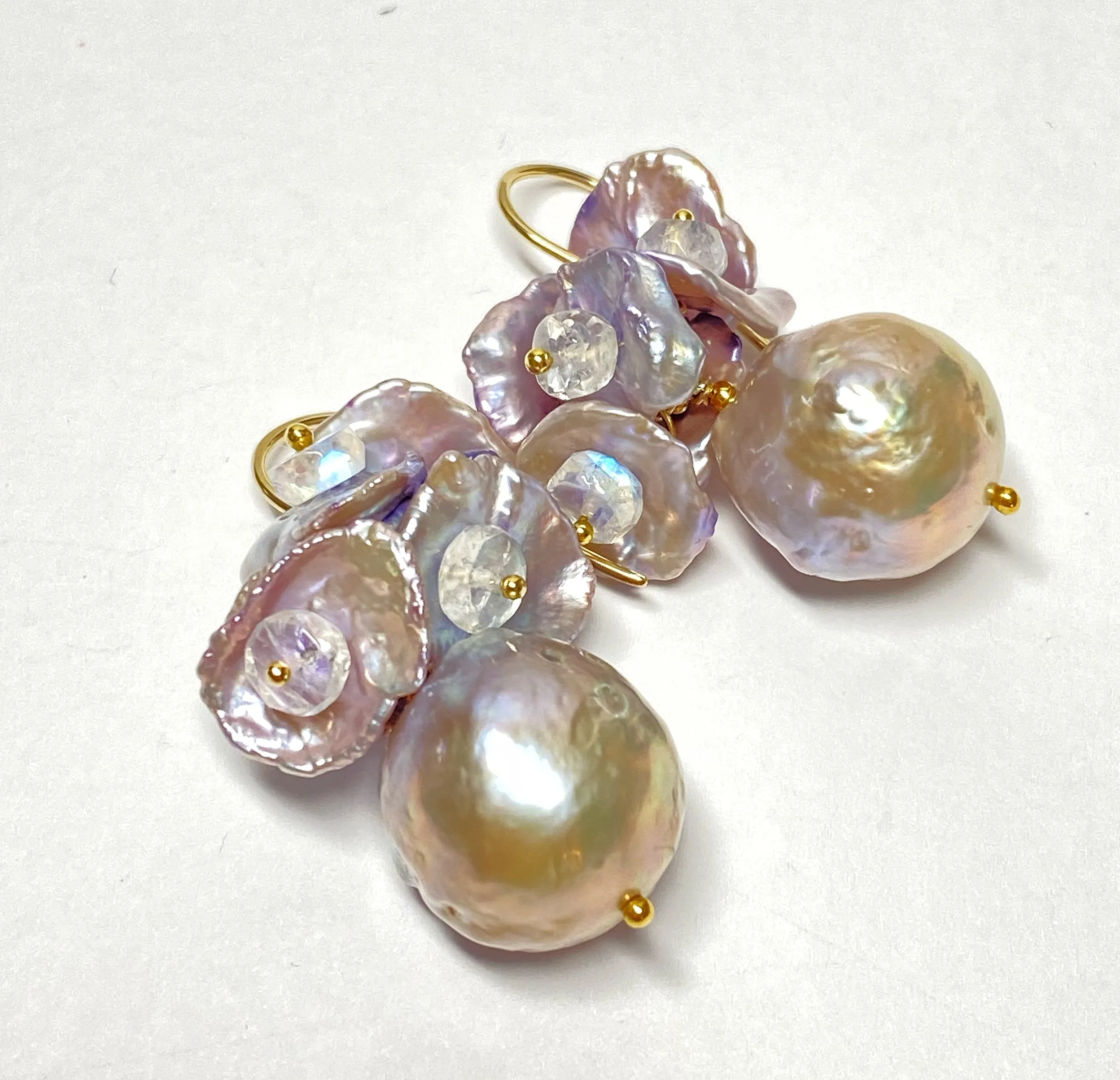 Silver Gray AAAA Pearl Cluster Earrings with Lavender Keishi and Rainbow Moonstone