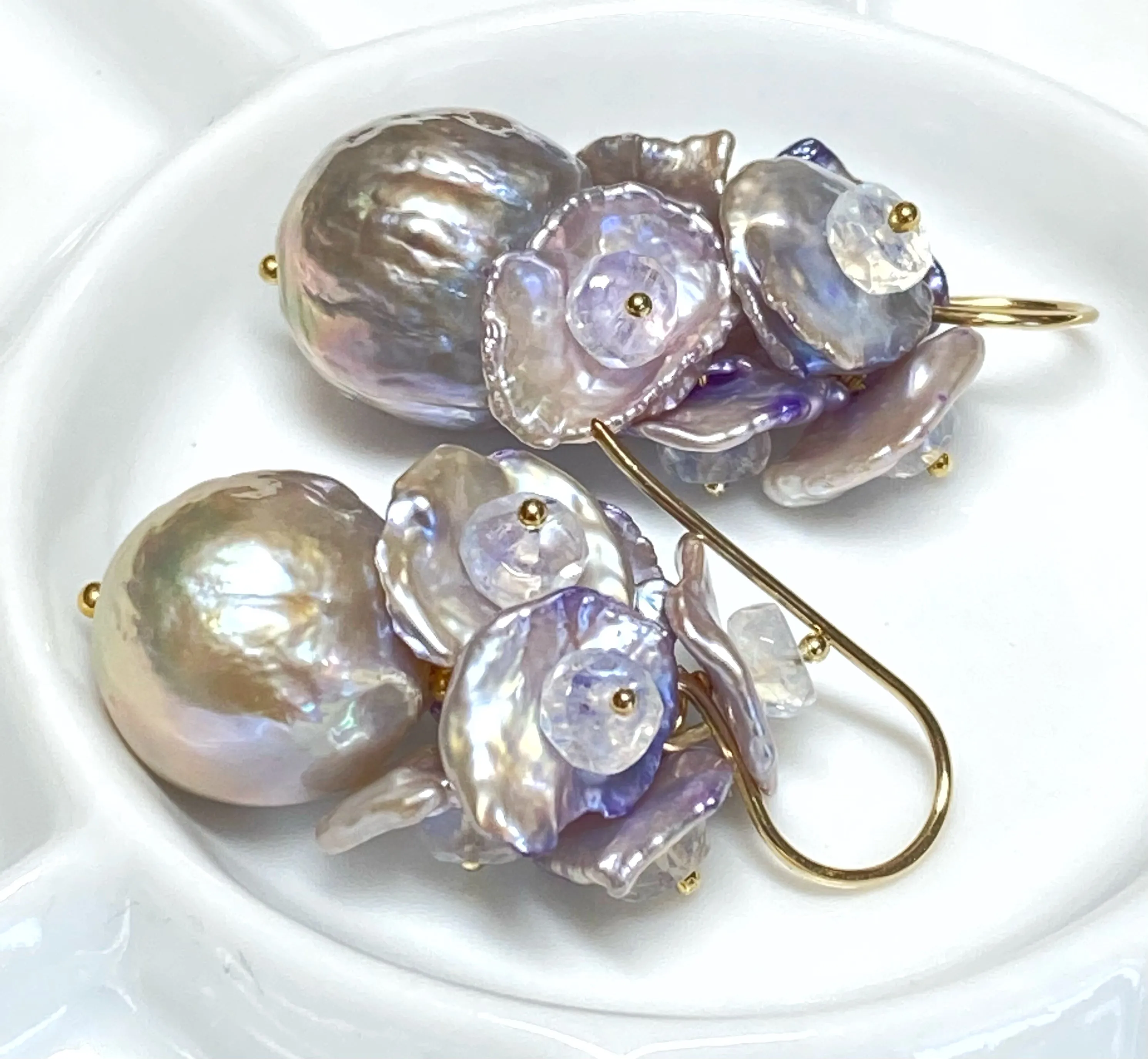Silver Gray AAAA Pearl Cluster Earrings with Lavender Keishi and Rainbow Moonstone