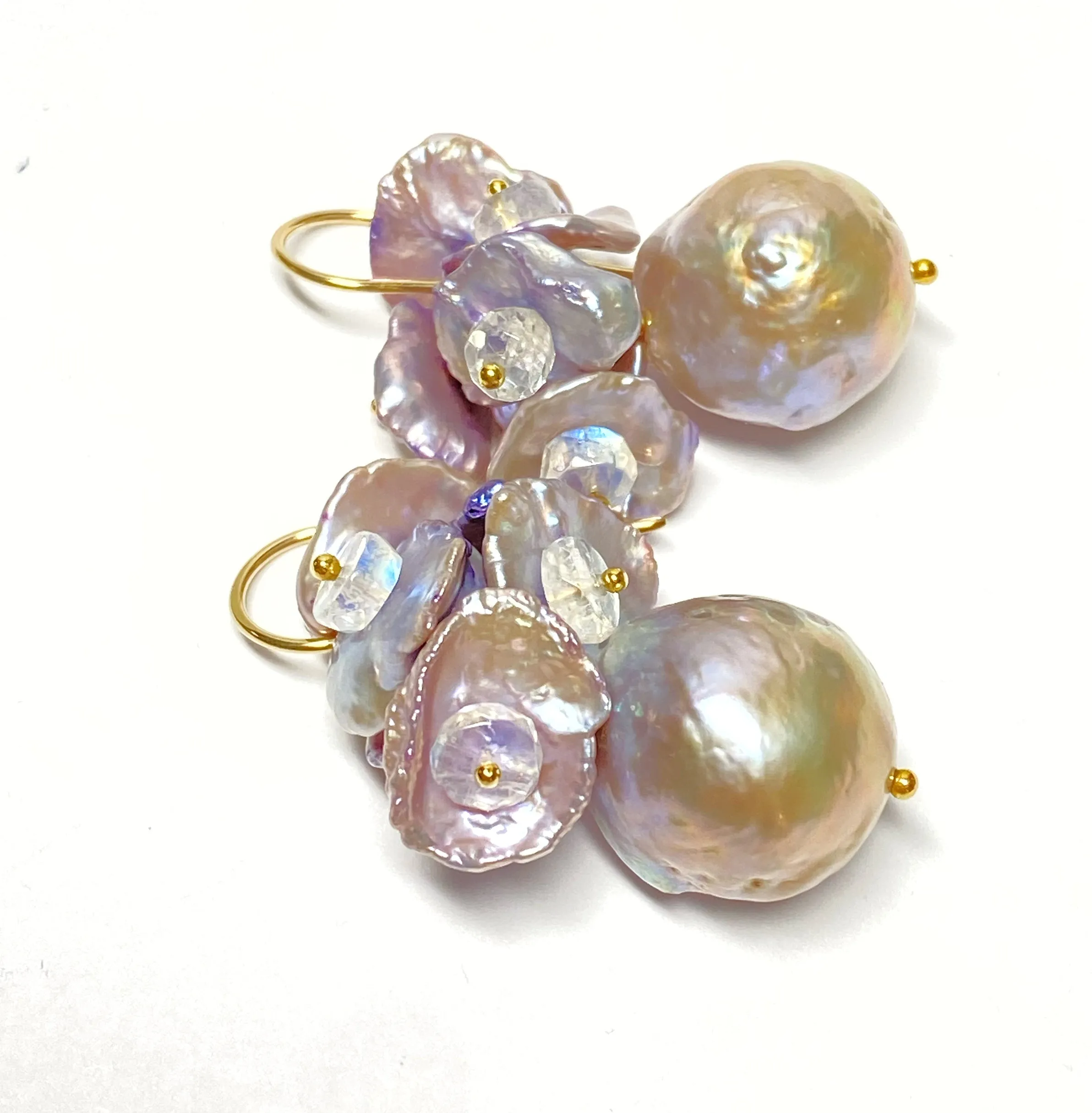 Silver Gray AAAA Pearl Cluster Earrings with Lavender Keishi and Rainbow Moonstone