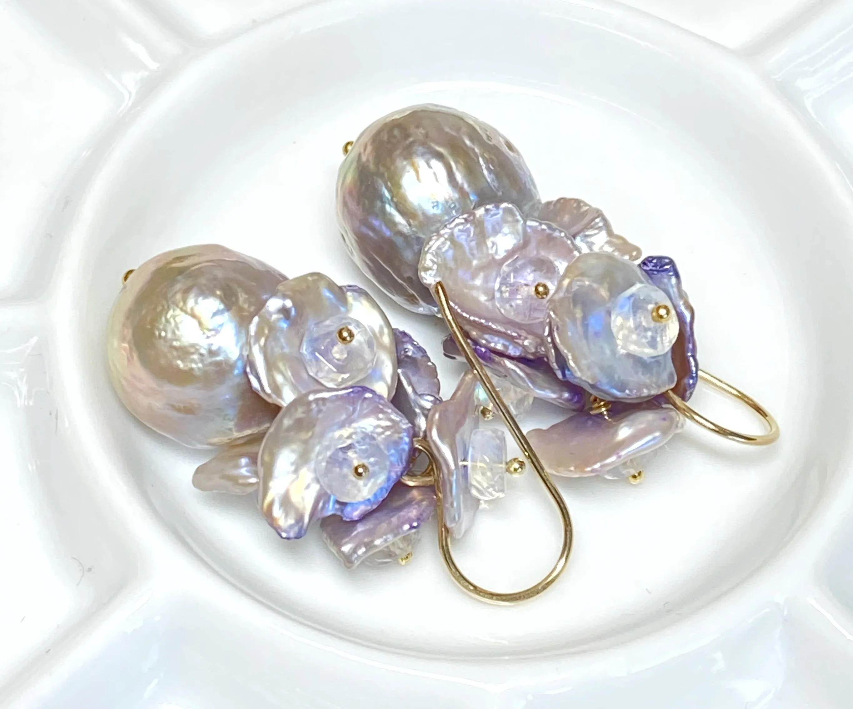 Silver Gray AAAA Pearl Cluster Earrings with Lavender Keishi and Rainbow Moonstone