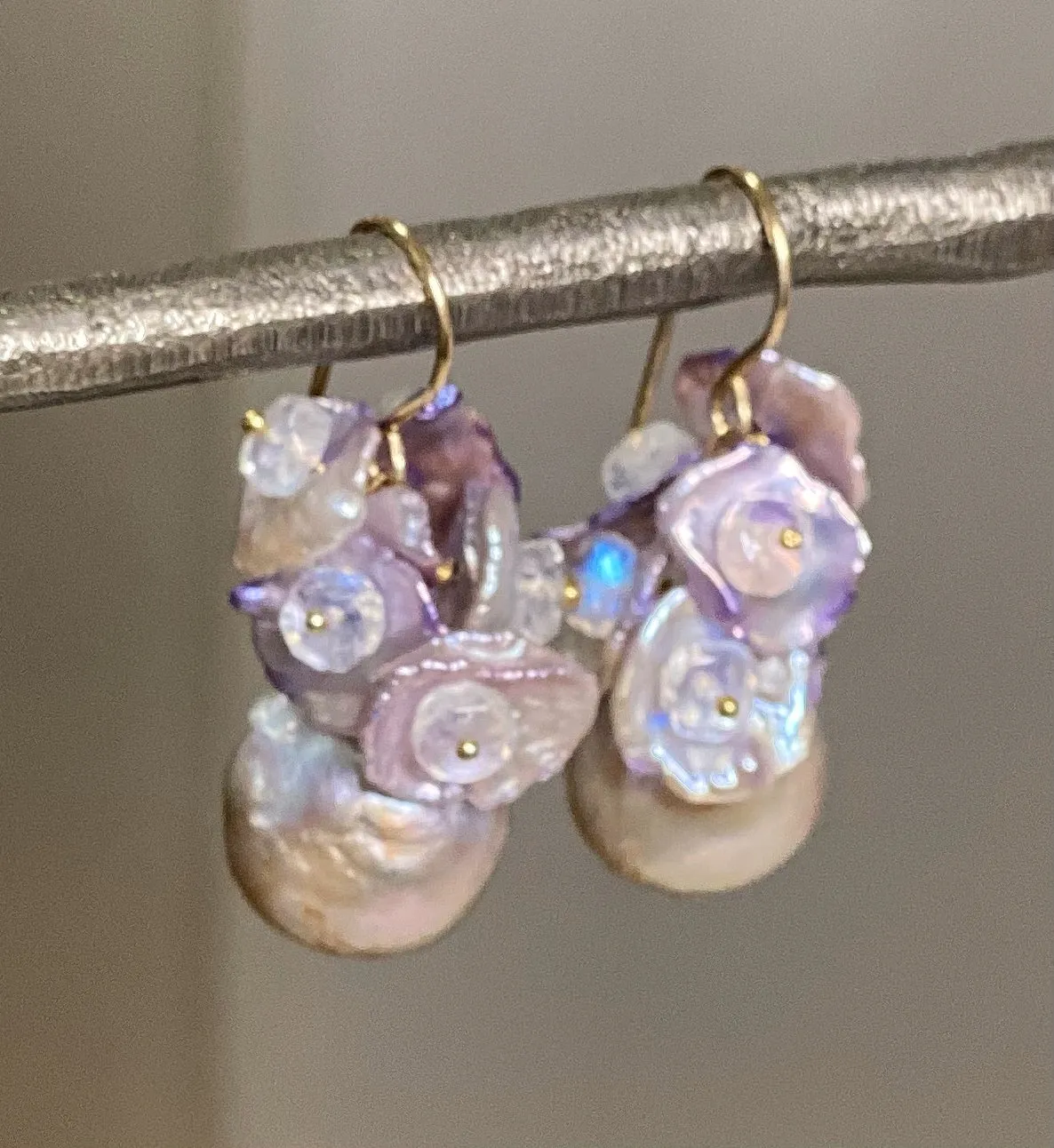 Silver Gray AAAA Pearl Cluster Earrings with Lavender Keishi and Rainbow Moonstone