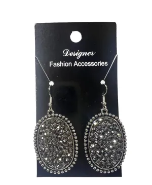 Silver Oval Earrings with Black Rhinestones