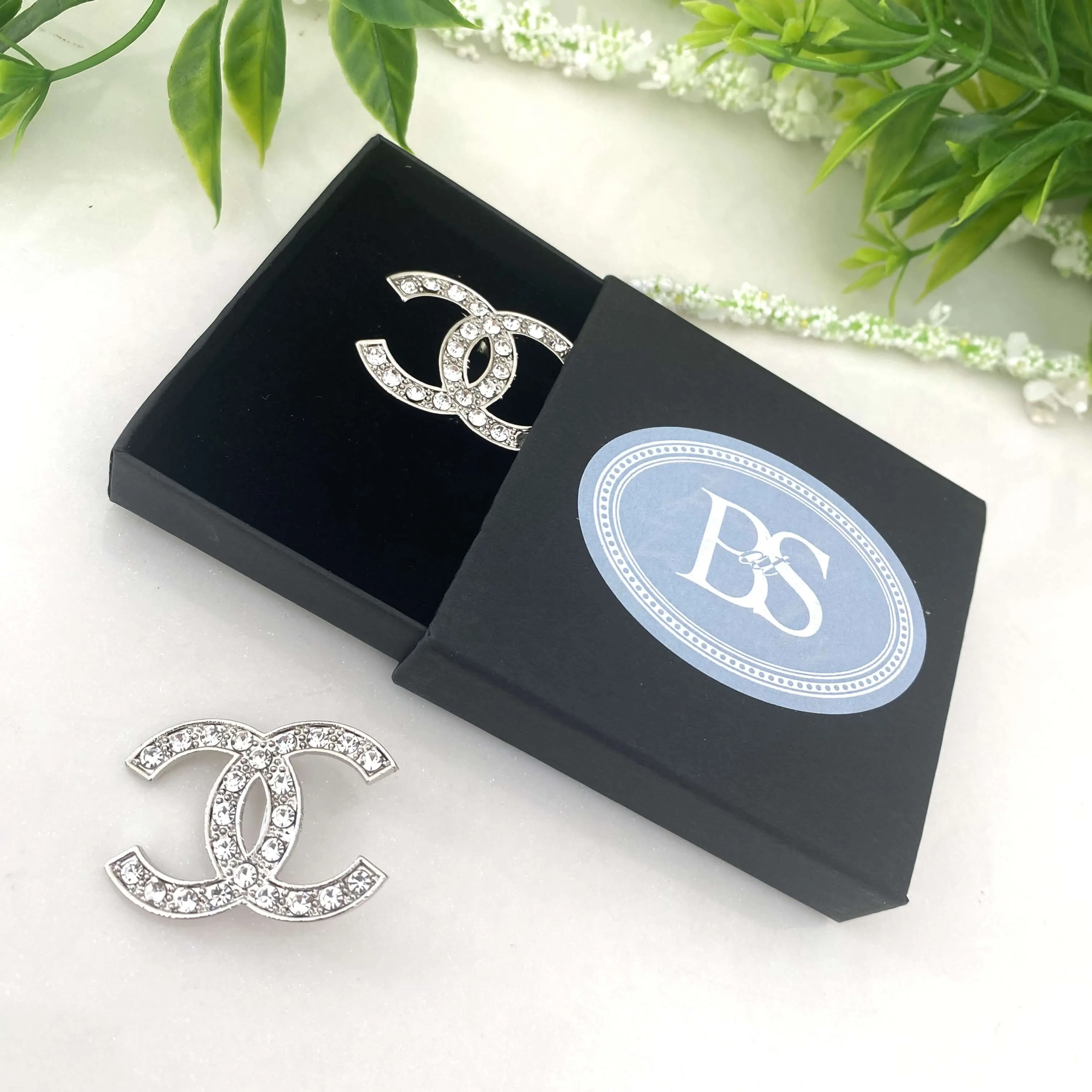 Silver Small CC Sparkly Brooch