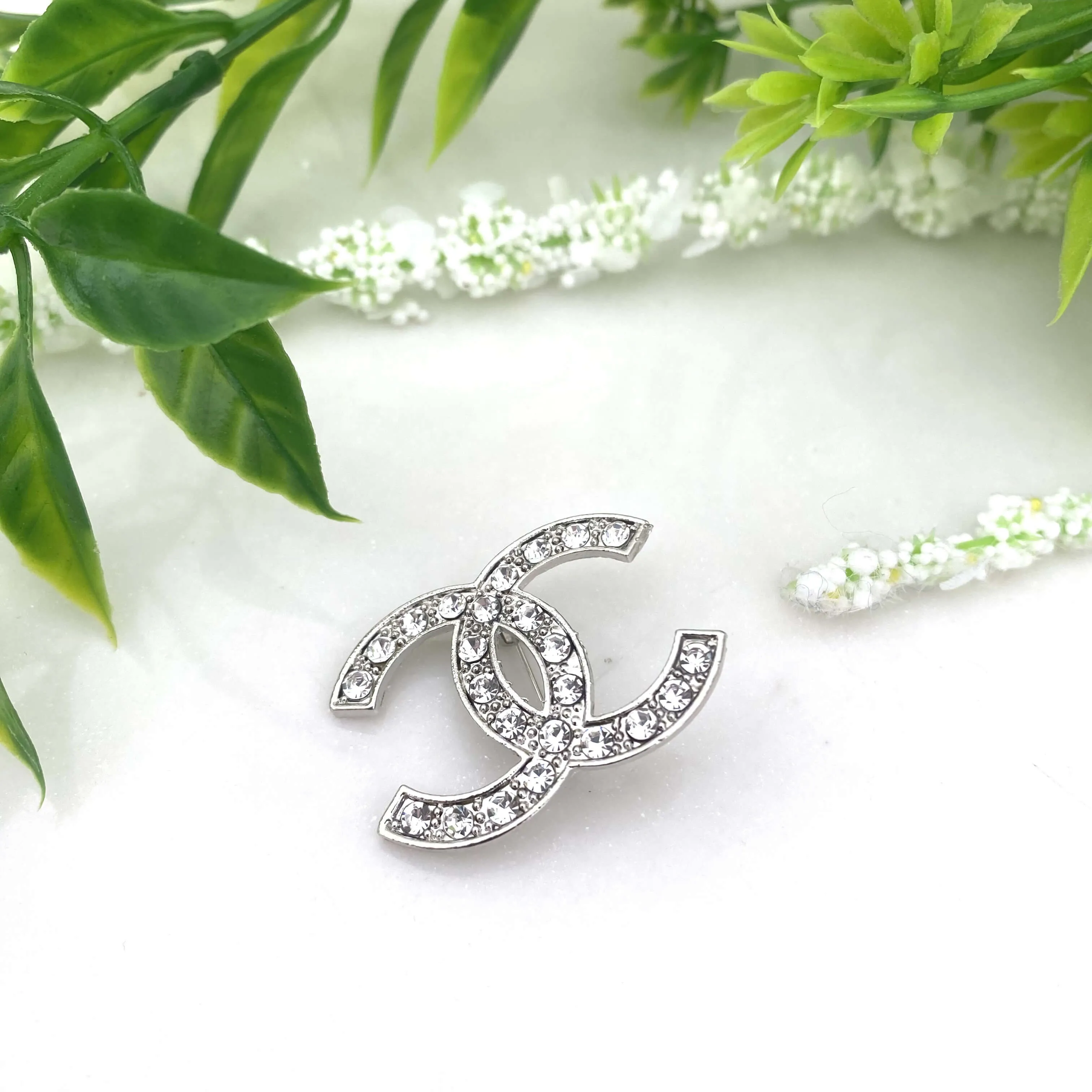 Silver Small CC Sparkly Brooch