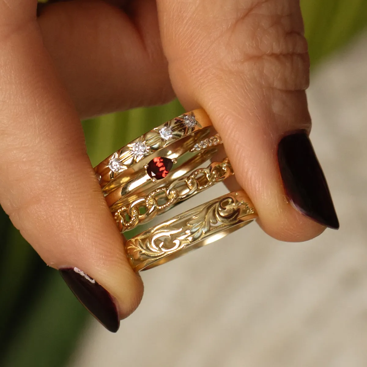 Solid Gold Garnet and Sapphire Open Front Band