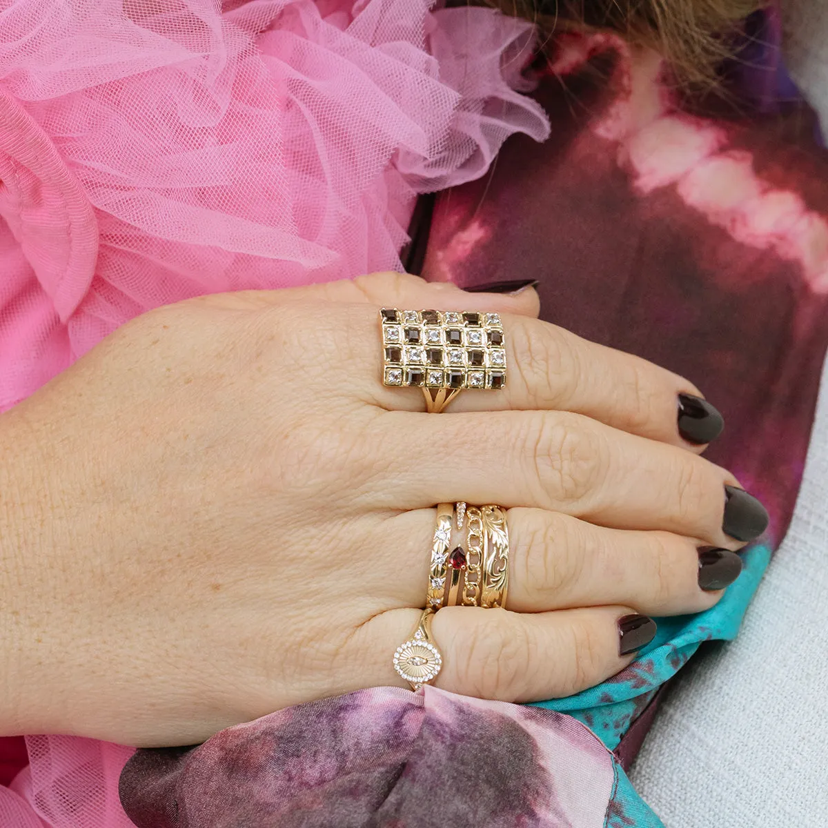 Solid Gold Garnet and Sapphire Open Front Band