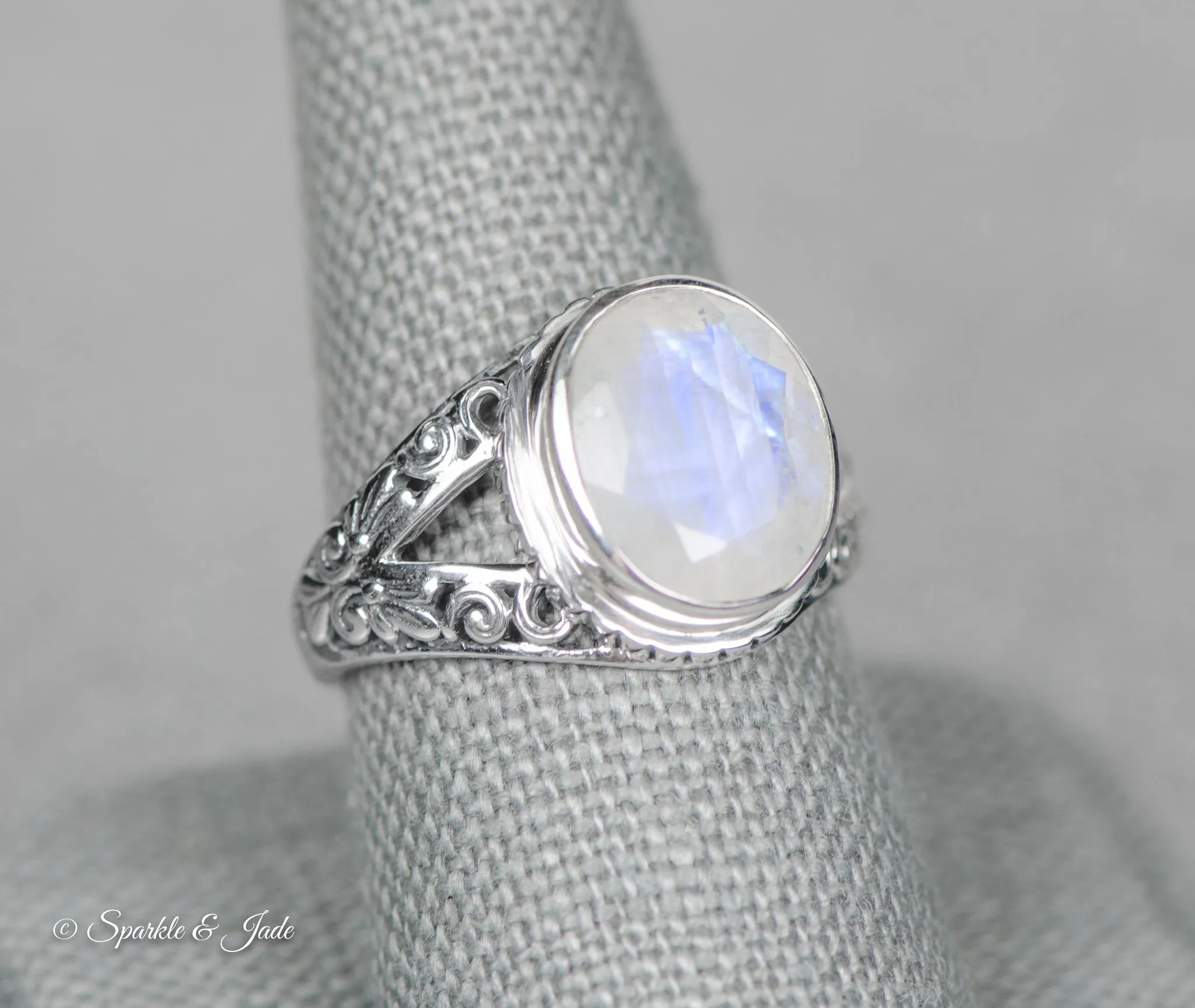 Sterling Silver Ornate 12mm Oval Rainbow Moonstone Ring