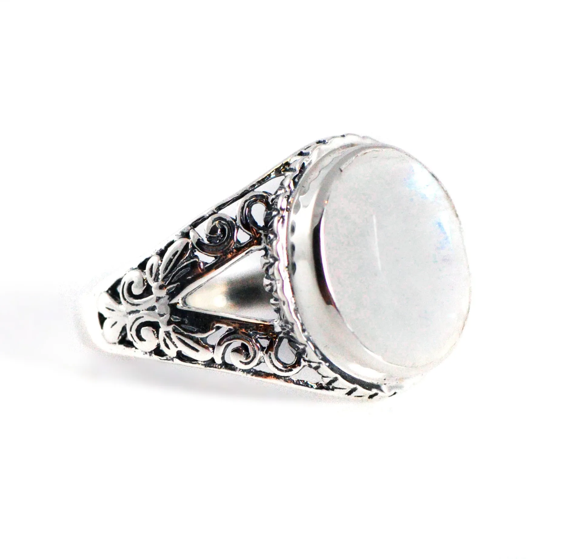 Sterling Silver Ornate 12mm Oval Rainbow Moonstone Ring