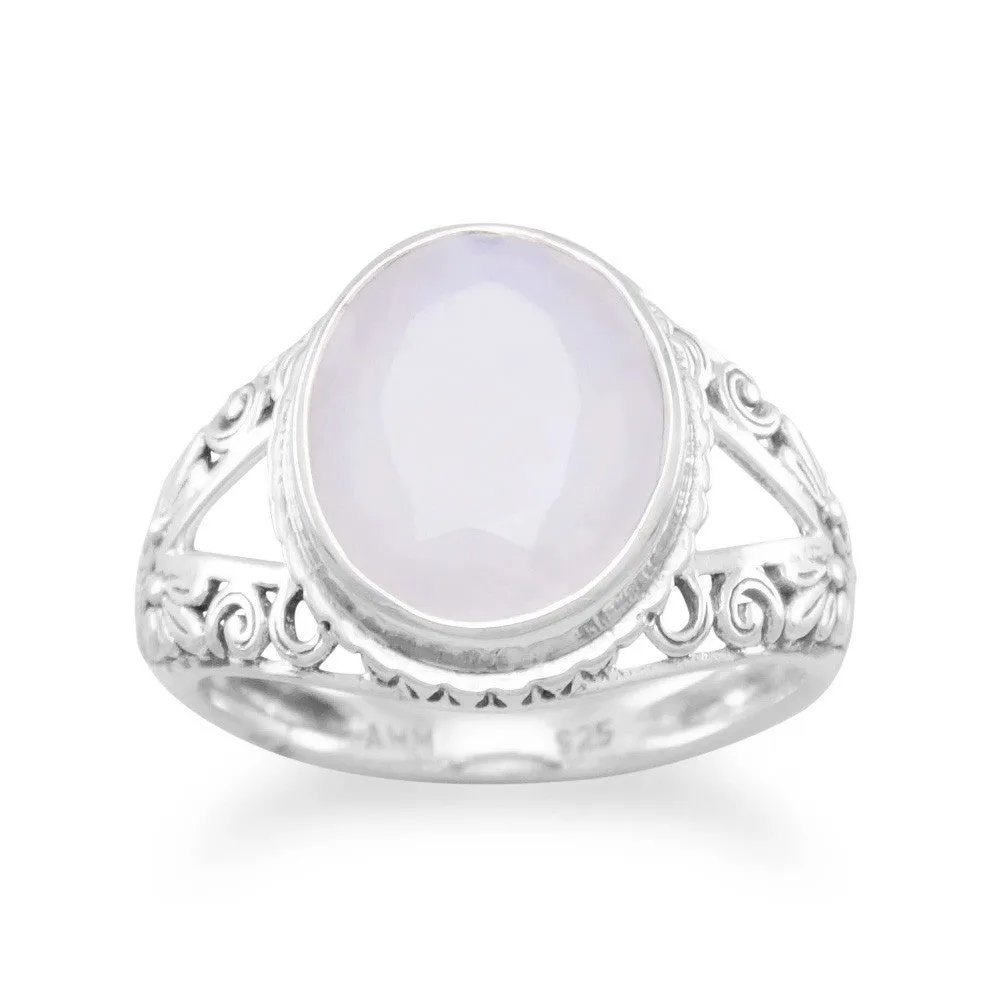 Sterling Silver Ornate 12mm Oval Rainbow Moonstone Ring