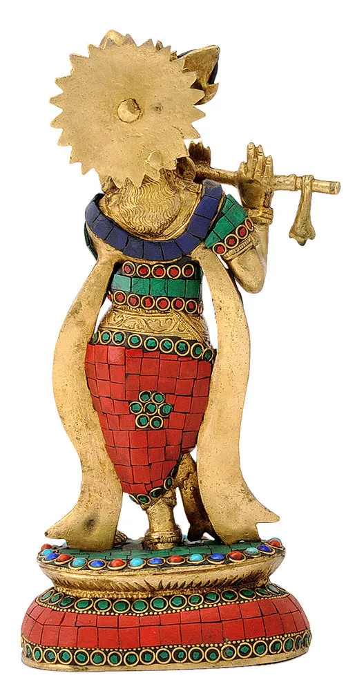 Turquoise Coral Ornate Shri Krishna Statue