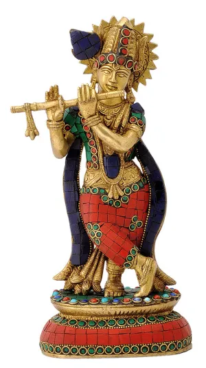 Turquoise Coral Ornate Shri Krishna Statue