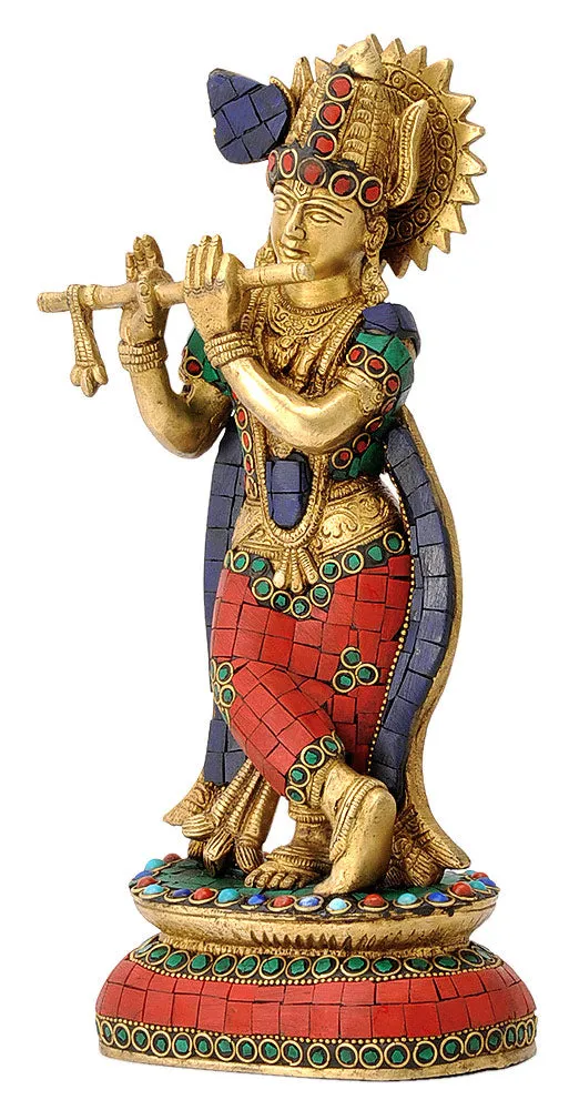 Turquoise Coral Ornate Shri Krishna Statue
