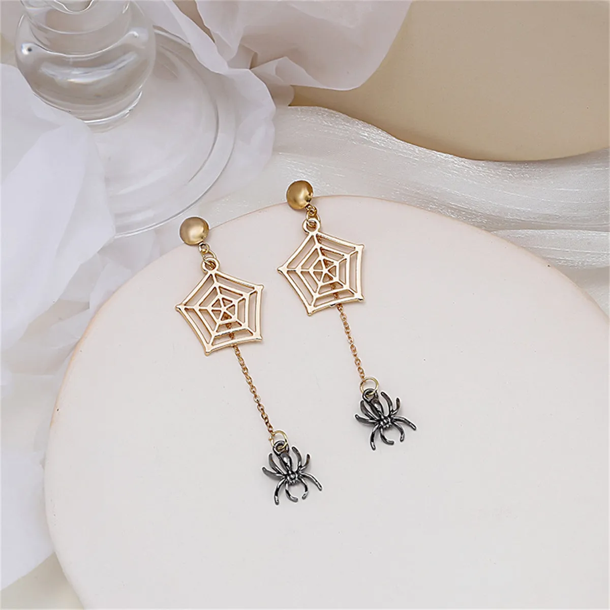 Two-Tone Spider & Web Drop Earrings