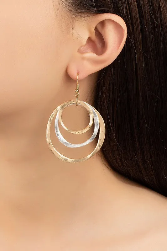Two tone three Hammered Hoop Earrings