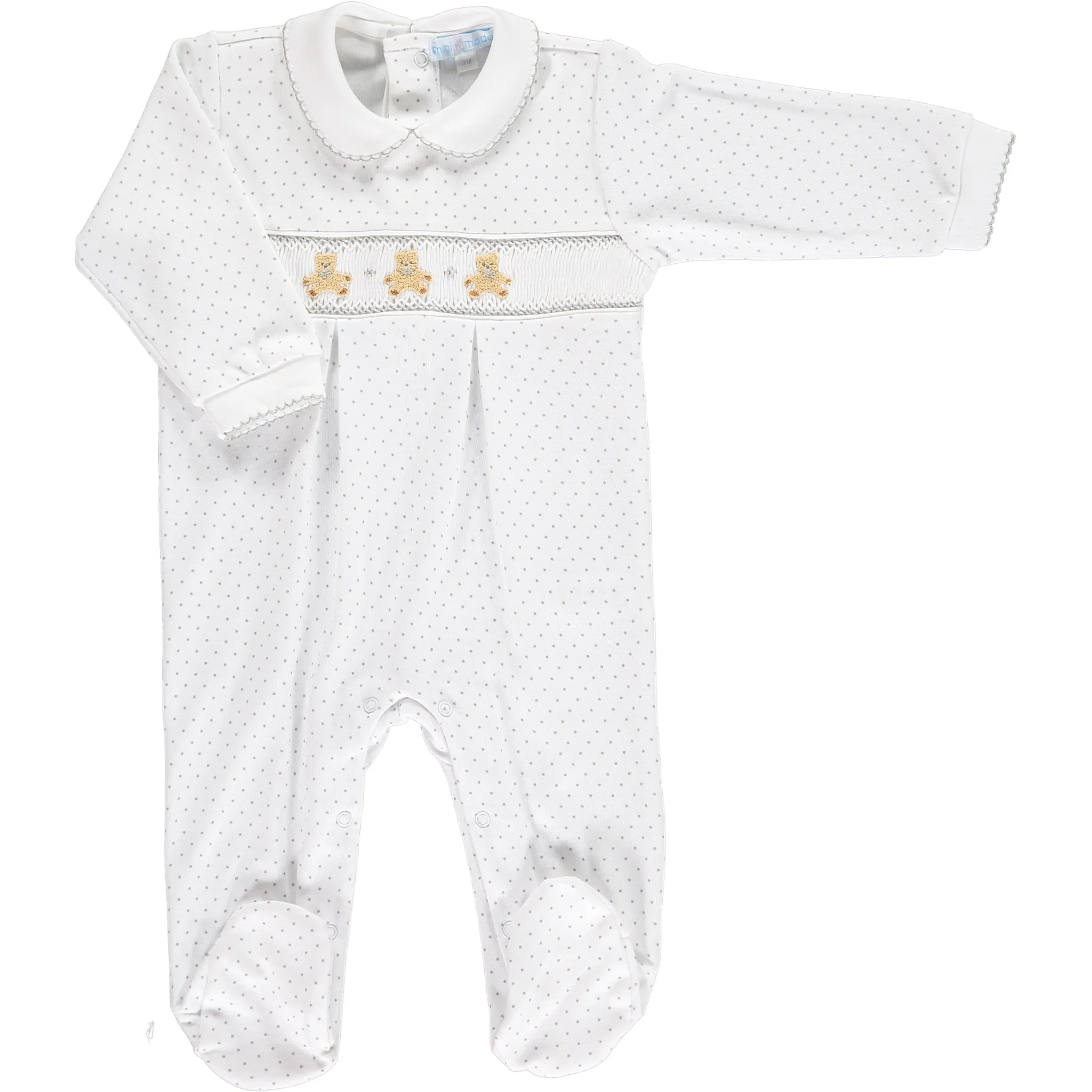 Unisex Three Nursery Bear White and Grey Spotty Babygrow