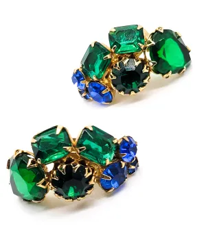 Unsigned Schreiner Blue and green pear cut large vintage rhinestone earrings