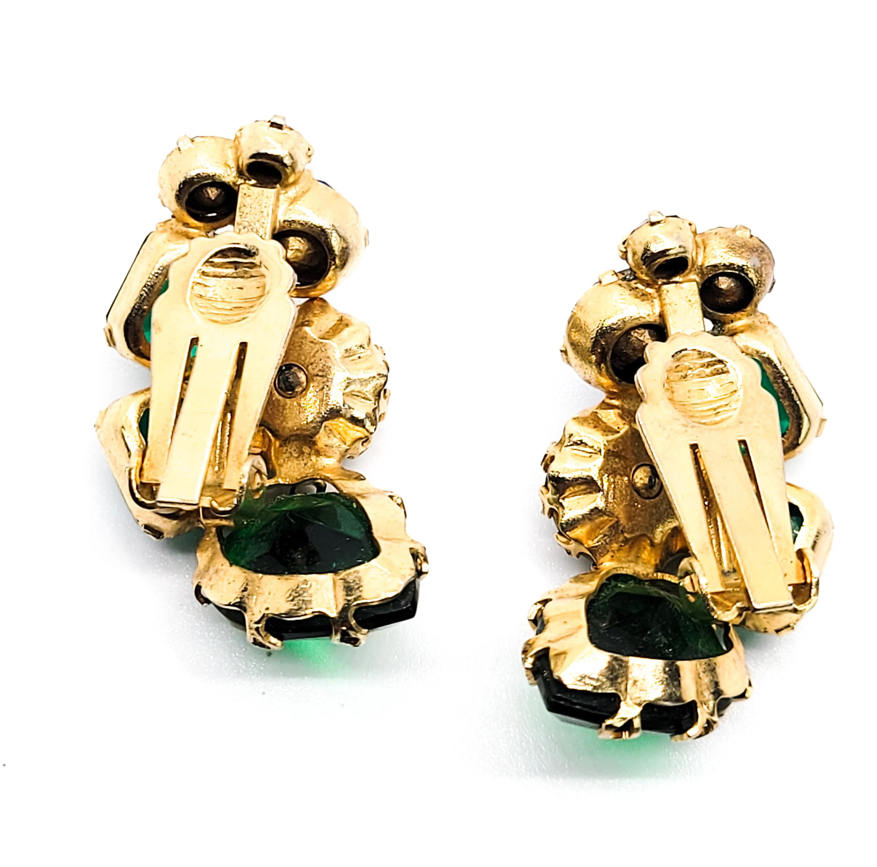 Unsigned Schreiner Blue and green pear cut large vintage rhinestone earrings
