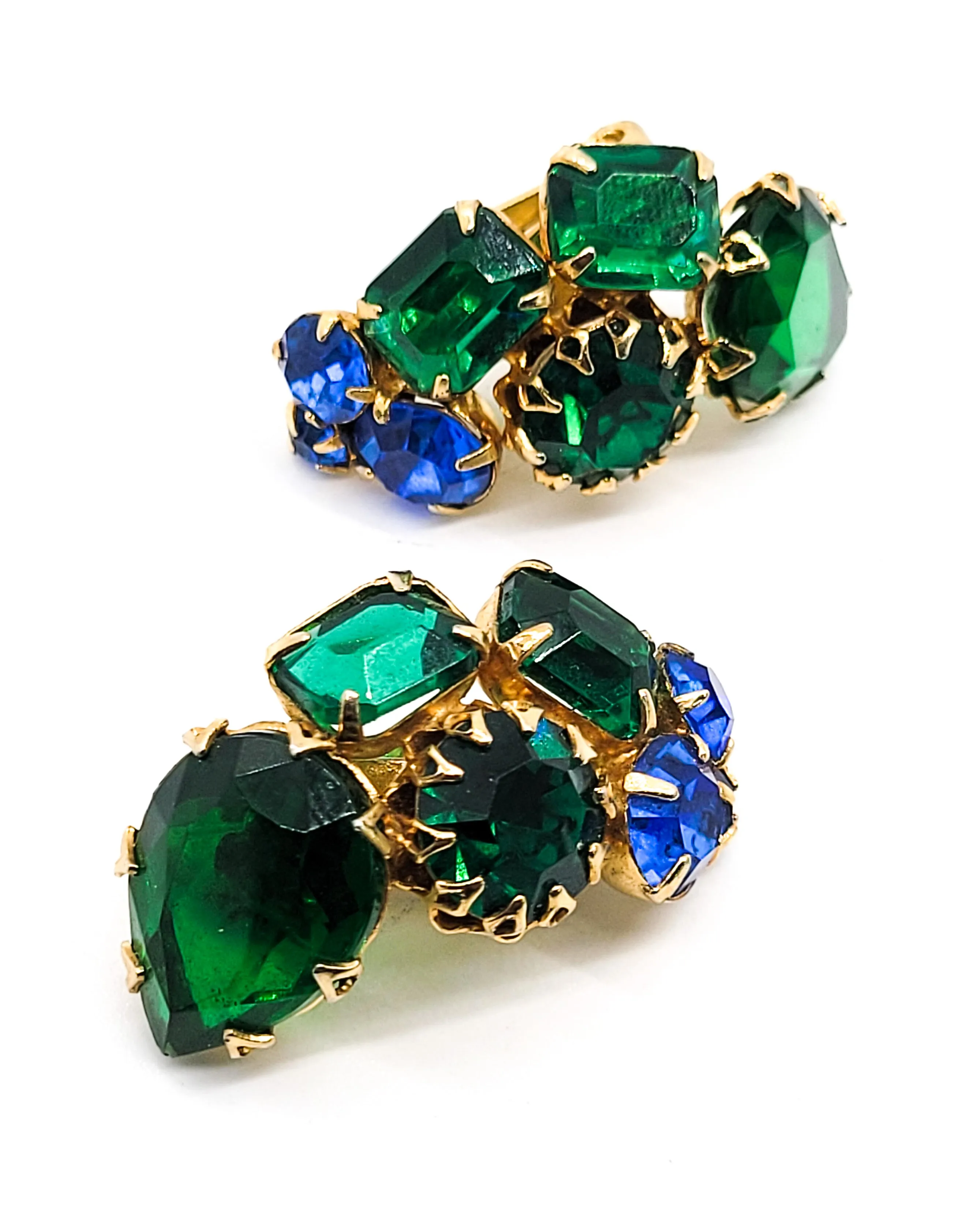 Unsigned Schreiner Blue and green pear cut large vintage rhinestone earrings