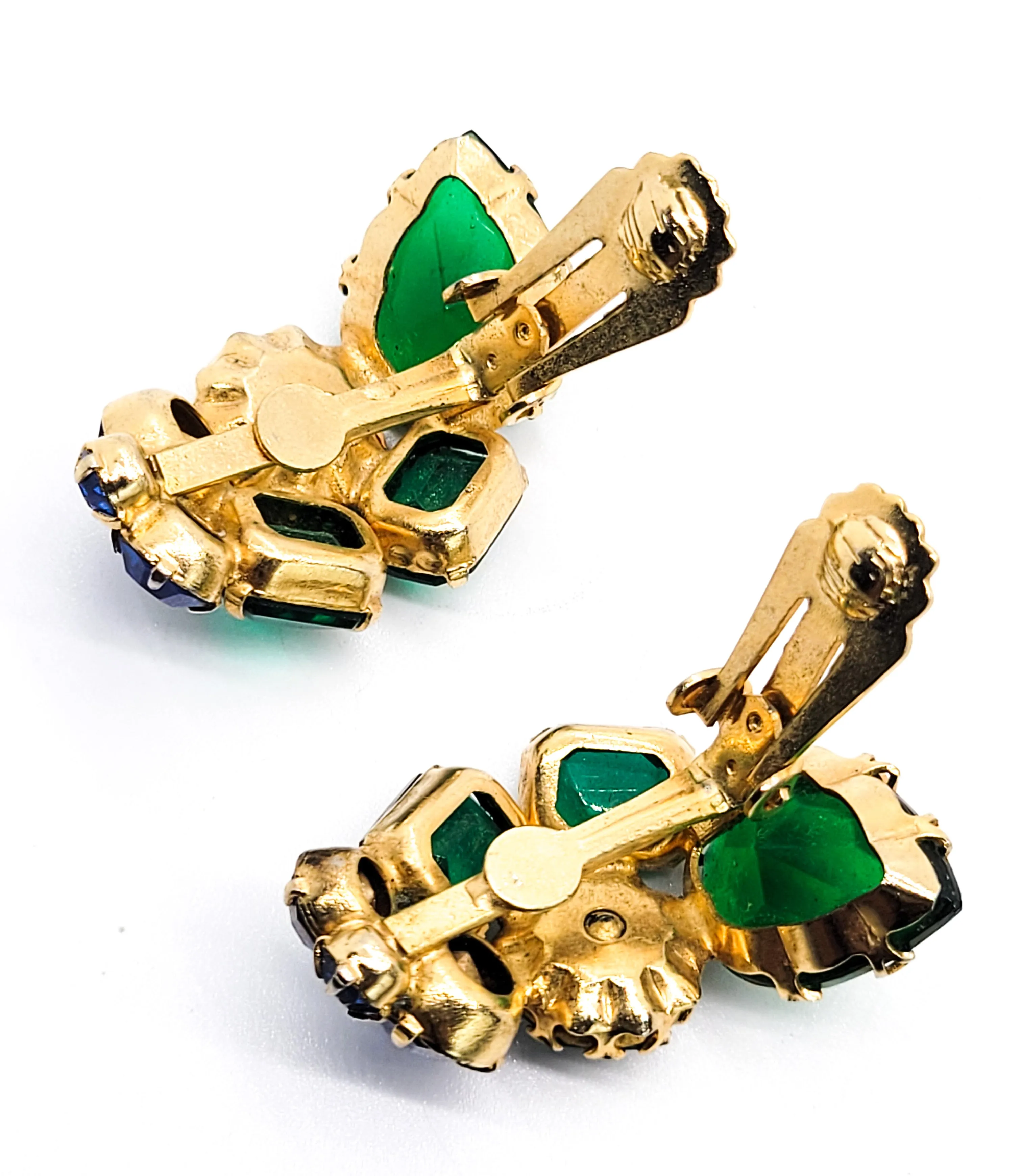 Unsigned Schreiner Blue and green pear cut large vintage rhinestone earrings