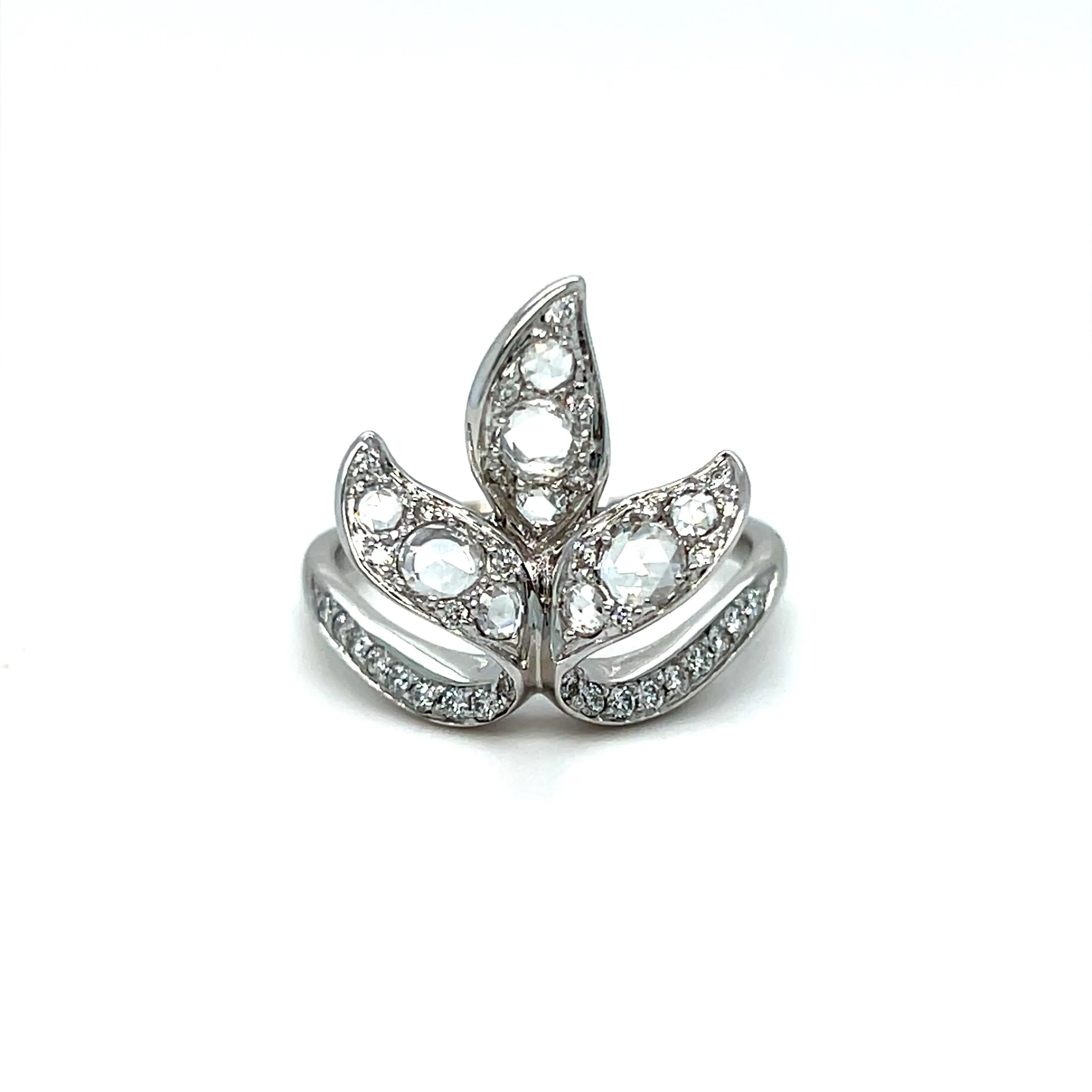 Vintage 18K White Gold Leaf Diamond Ring with Rose Cut Diamonds.