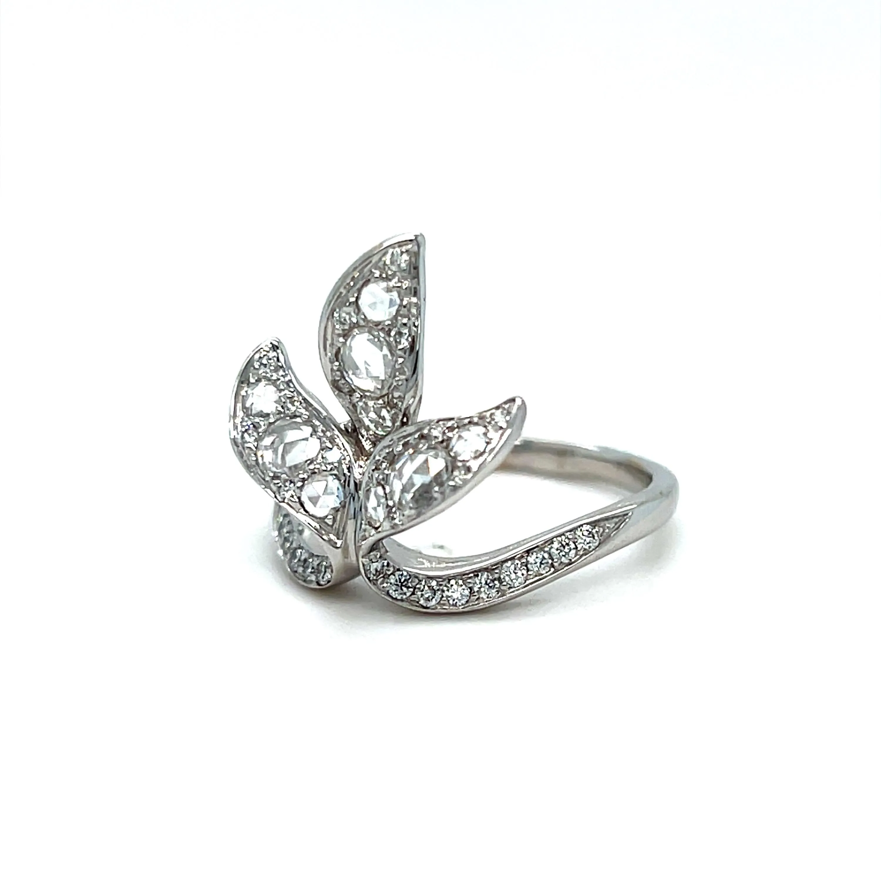Vintage 18K White Gold Leaf Diamond Ring with Rose Cut Diamonds.