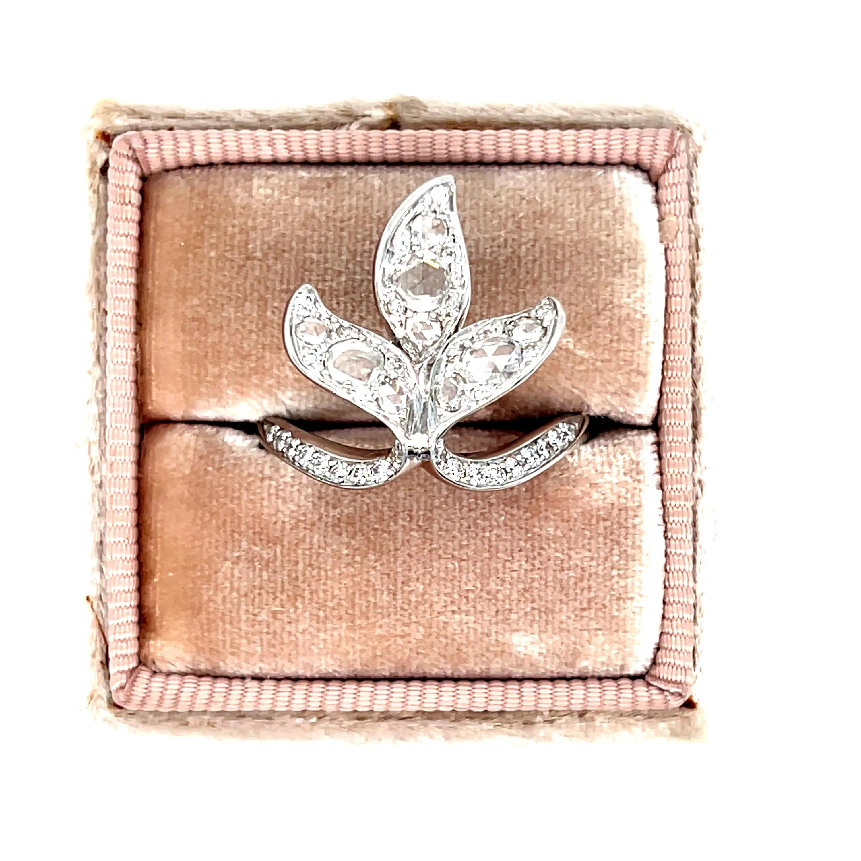 Vintage 18K White Gold Leaf Diamond Ring with Rose Cut Diamonds.