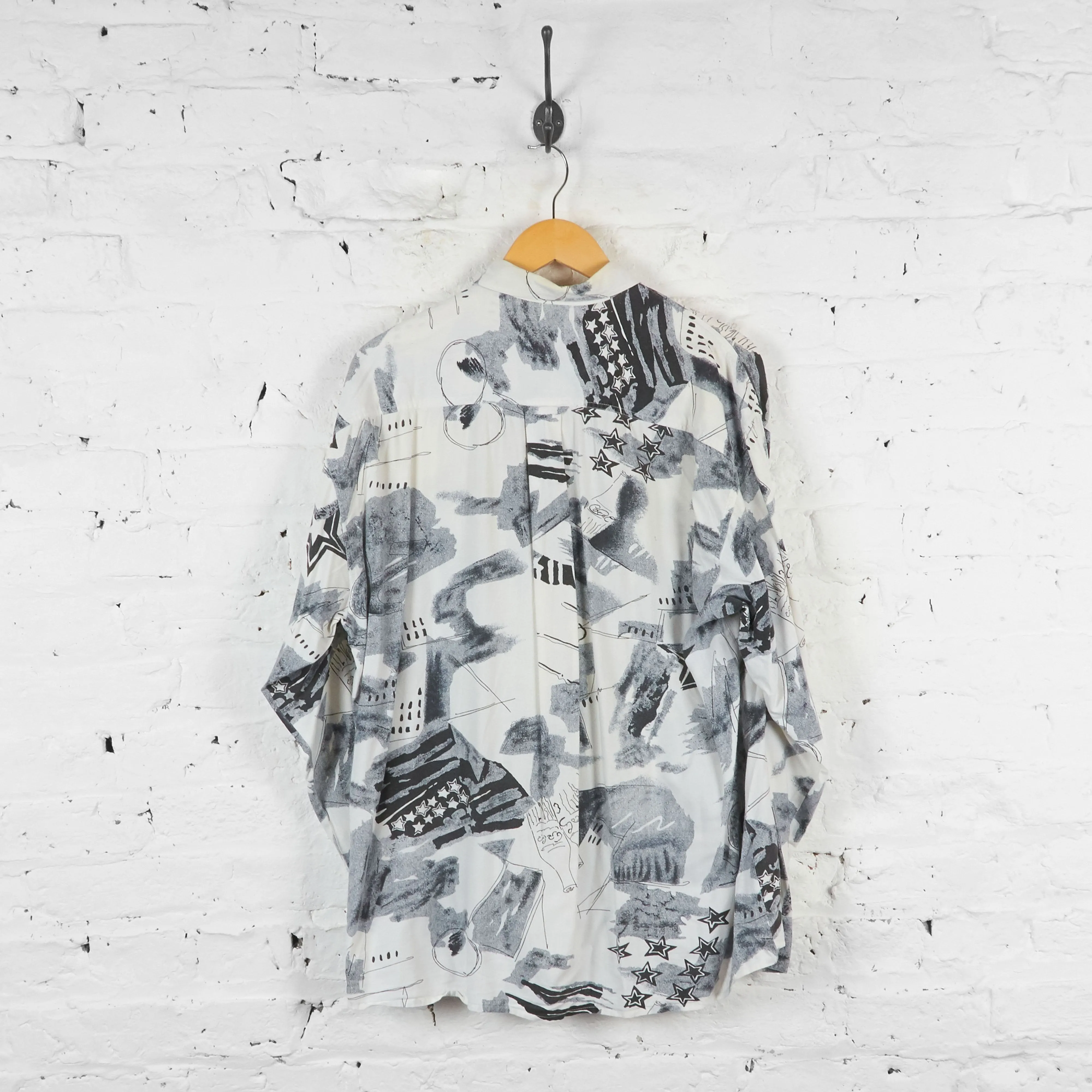 Vintage Abstract Patterned Party Shirt - White/Black - L