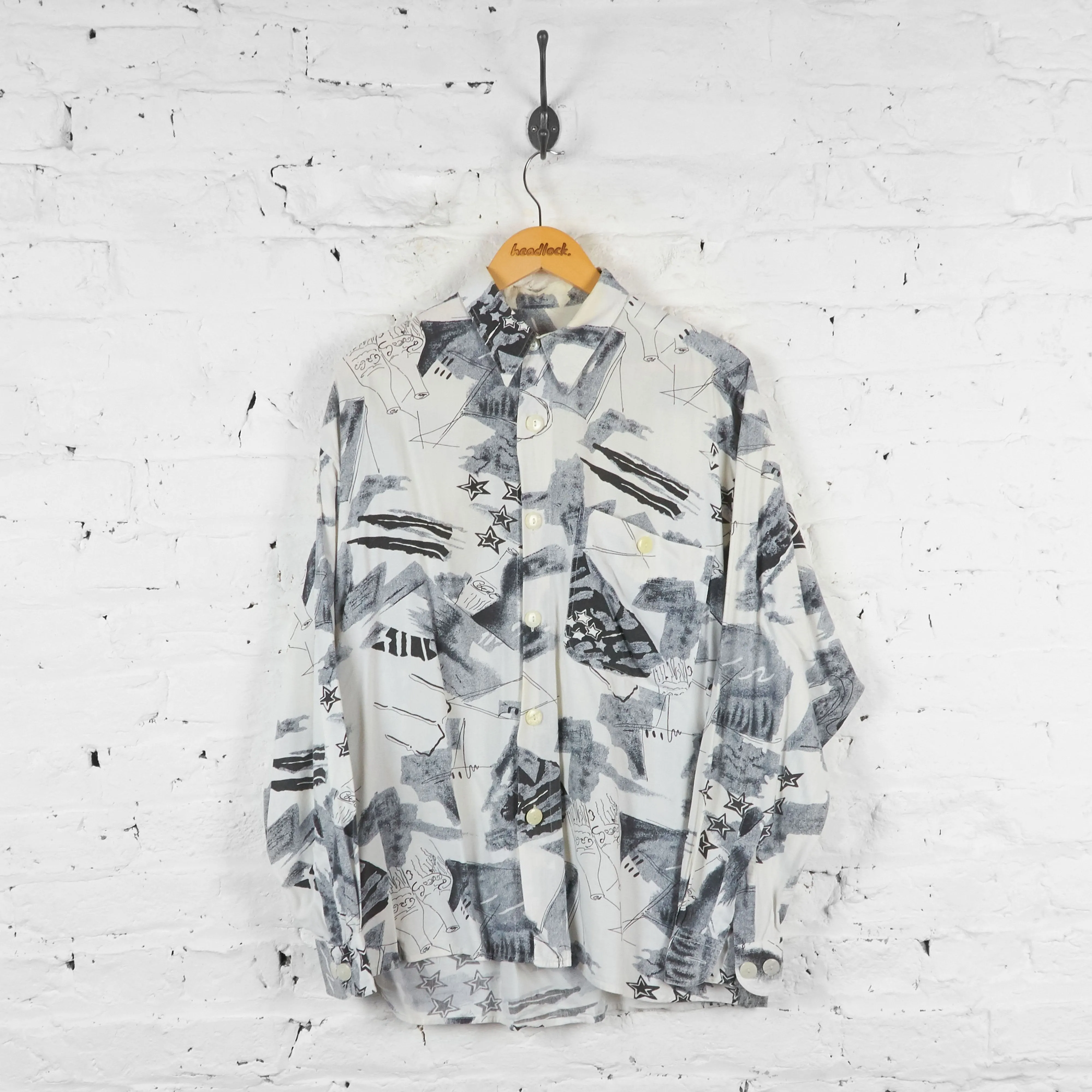 Vintage Abstract Patterned Party Shirt - White/Black - L