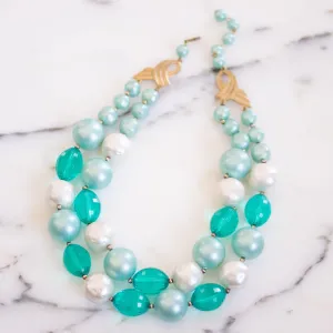 Vintage Chunky Aqua and Faux Pearl Bead Double Strand Necklace