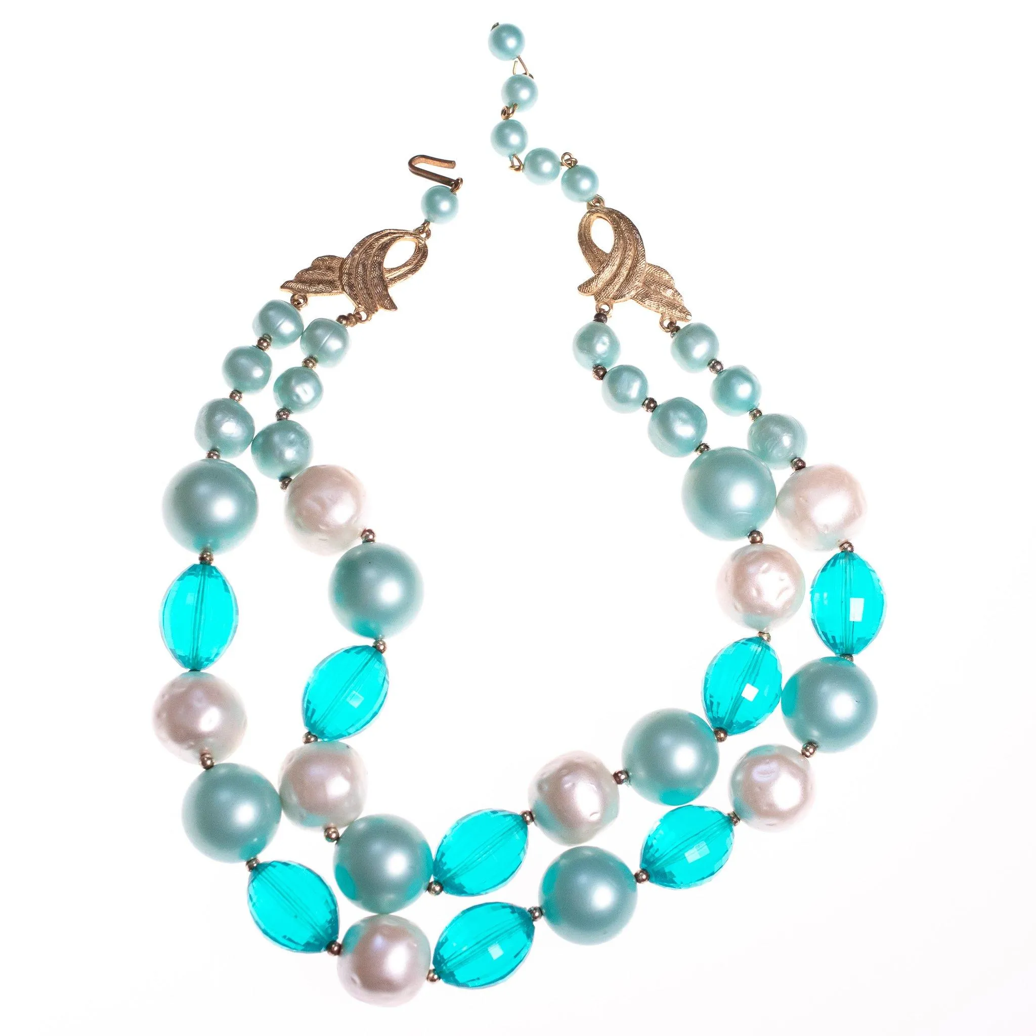 Vintage Chunky Aqua and Faux Pearl Bead Double Strand Necklace