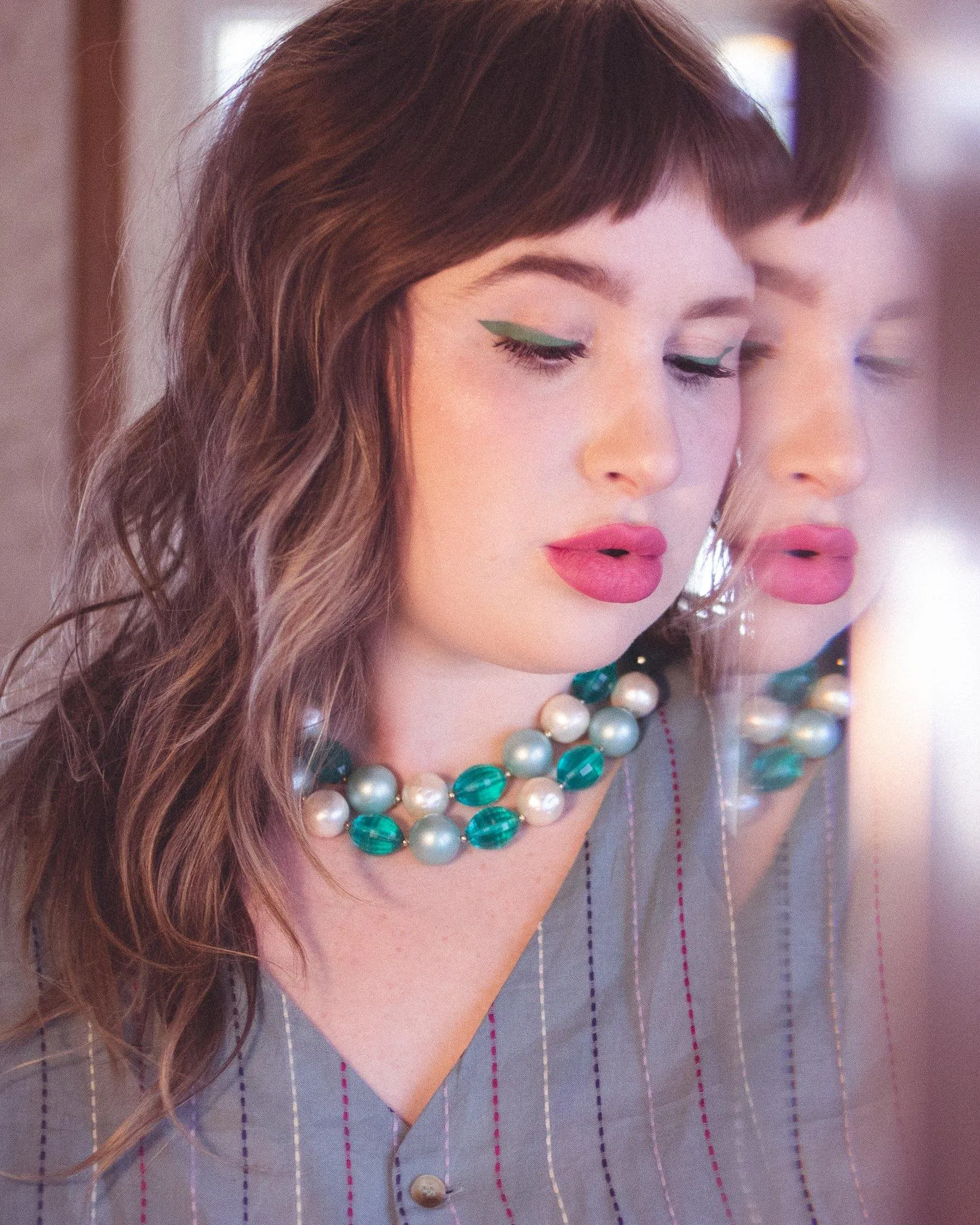 Vintage Chunky Aqua and Faux Pearl Bead Double Strand Necklace