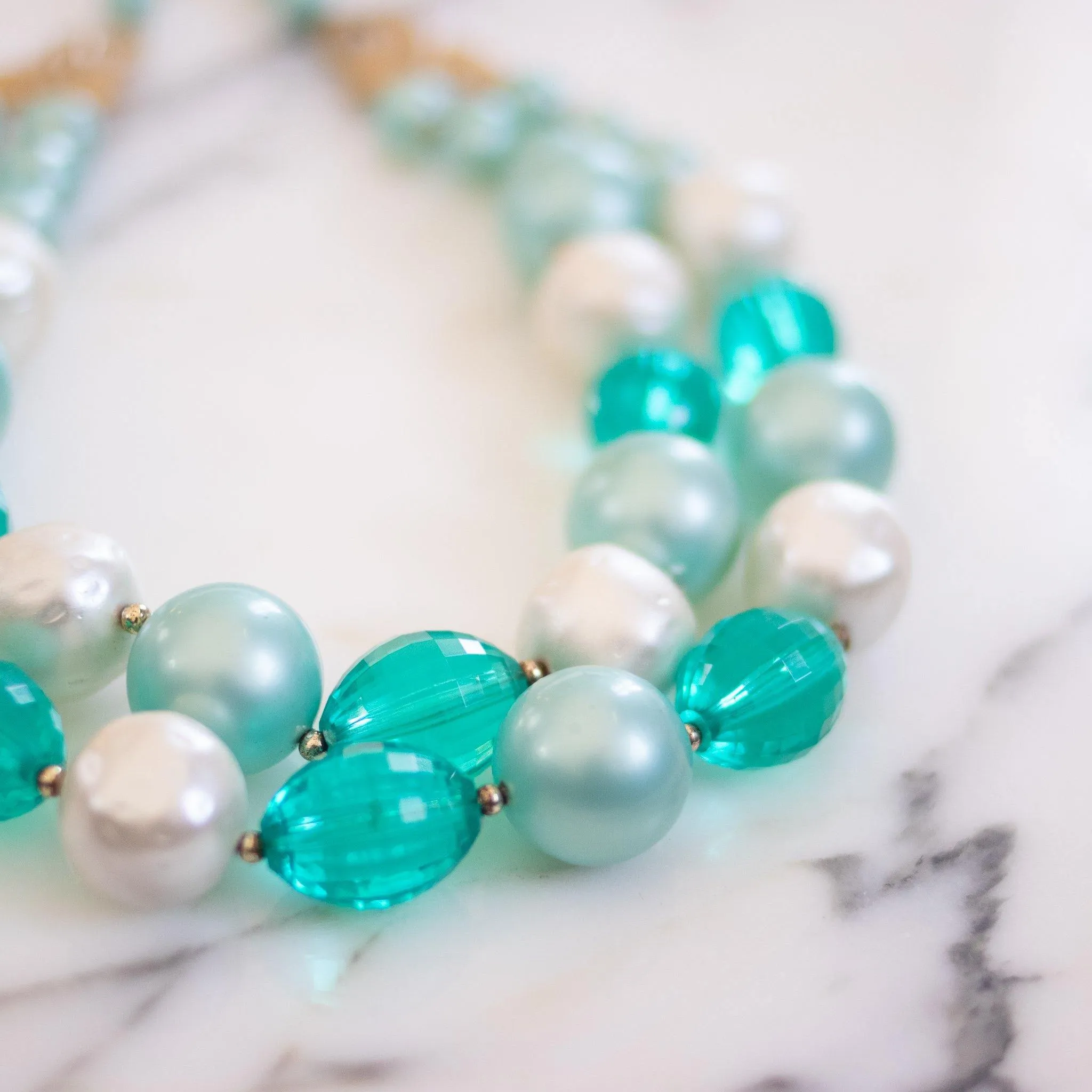 Vintage Chunky Aqua and Faux Pearl Bead Double Strand Necklace