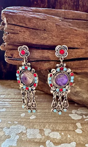 VINTAGE ESCORIA Amethyst Turquoise Coral Sterling Silver Earrings • 16g