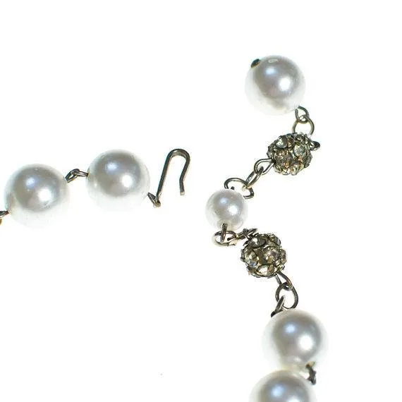 Vintage Faux Pearl and Diamante Rhinestone Bead Necklace, Hook Clasp