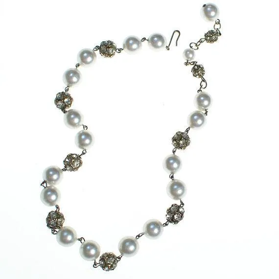 Vintage Faux Pearl and Diamante Rhinestone Bead Necklace, Hook Clasp