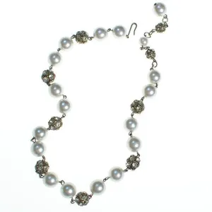 Vintage Faux Pearl and Diamante Rhinestone Bead Necklace, Hook Clasp