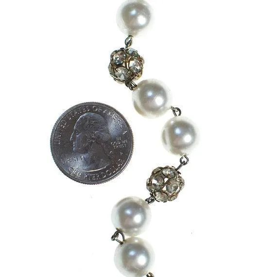 Vintage Faux Pearl and Diamante Rhinestone Bead Necklace, Hook Clasp