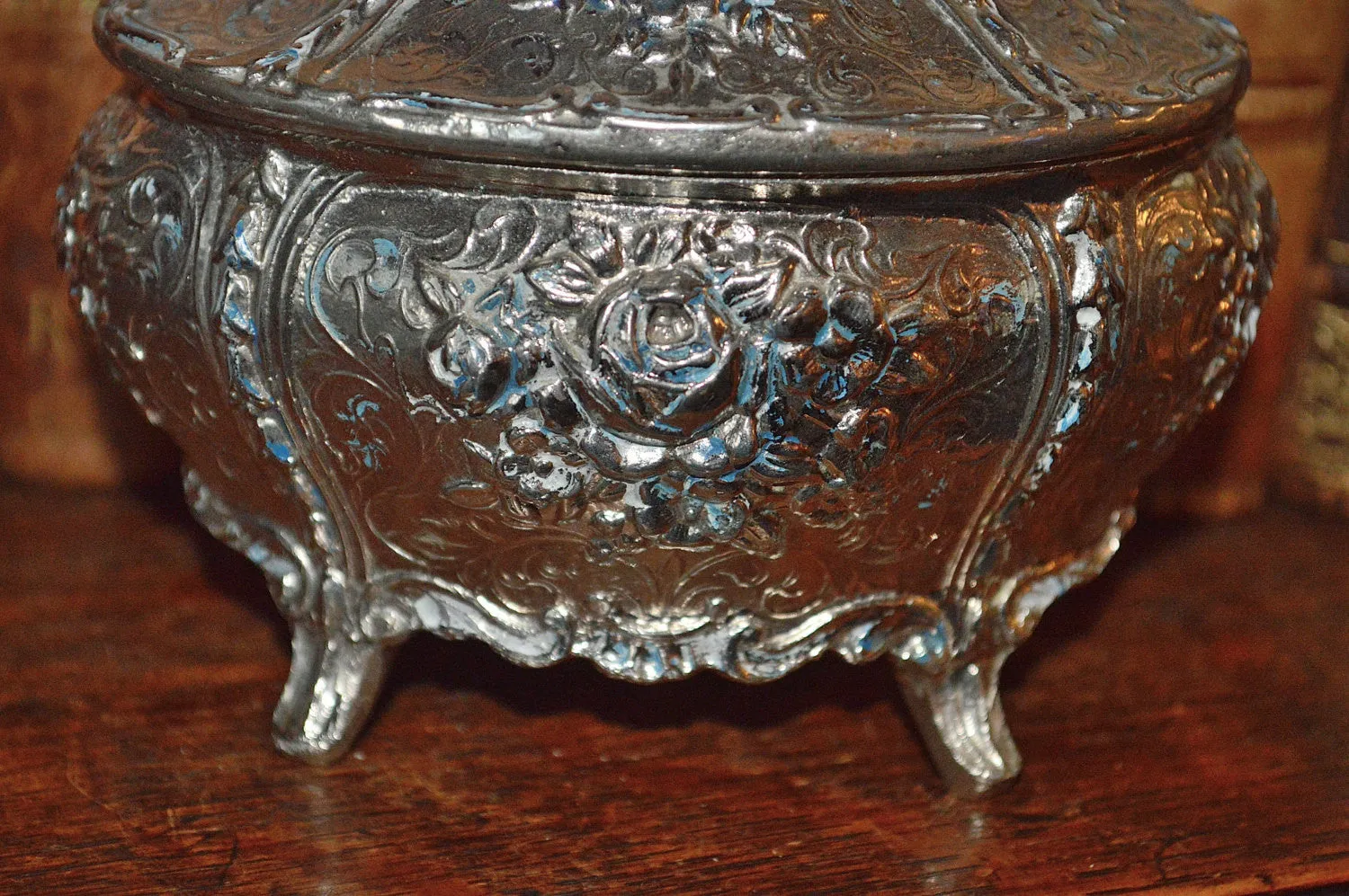 Vintage French Jewelry Box Silver Finish Rose Design