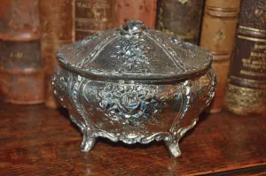 Vintage French Jewelry Box Silver Finish Rose Design