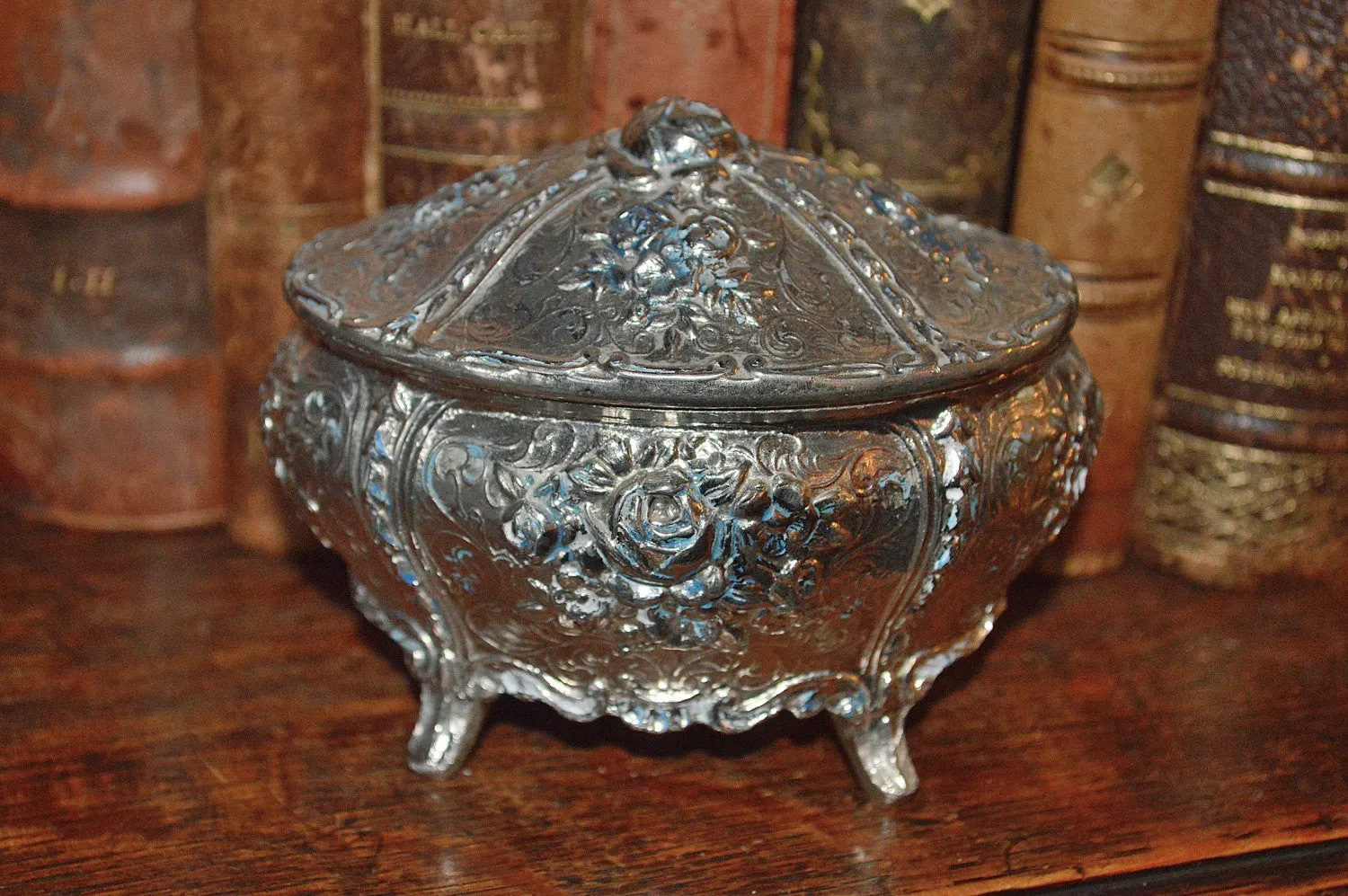 Vintage French Jewelry Box Silver Finish Rose Design