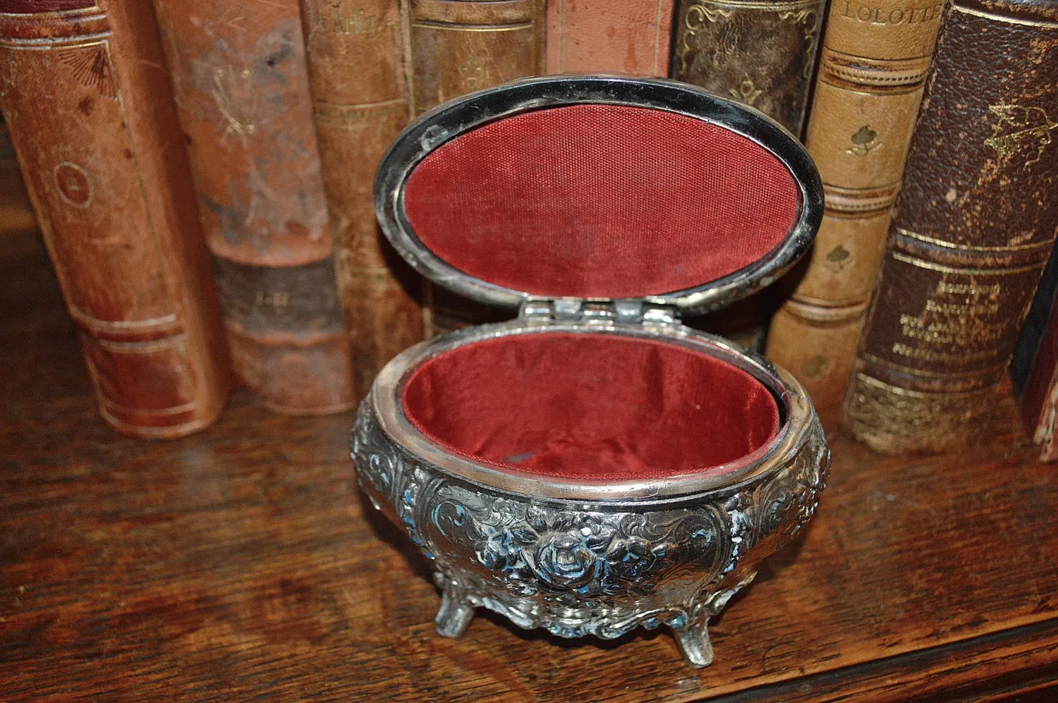 Vintage French Jewelry Box Silver Finish Rose Design