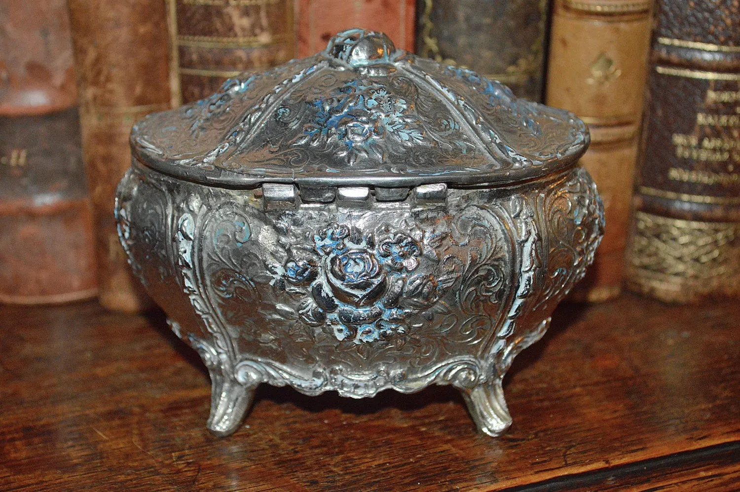 Vintage French Jewelry Box Silver Finish Rose Design