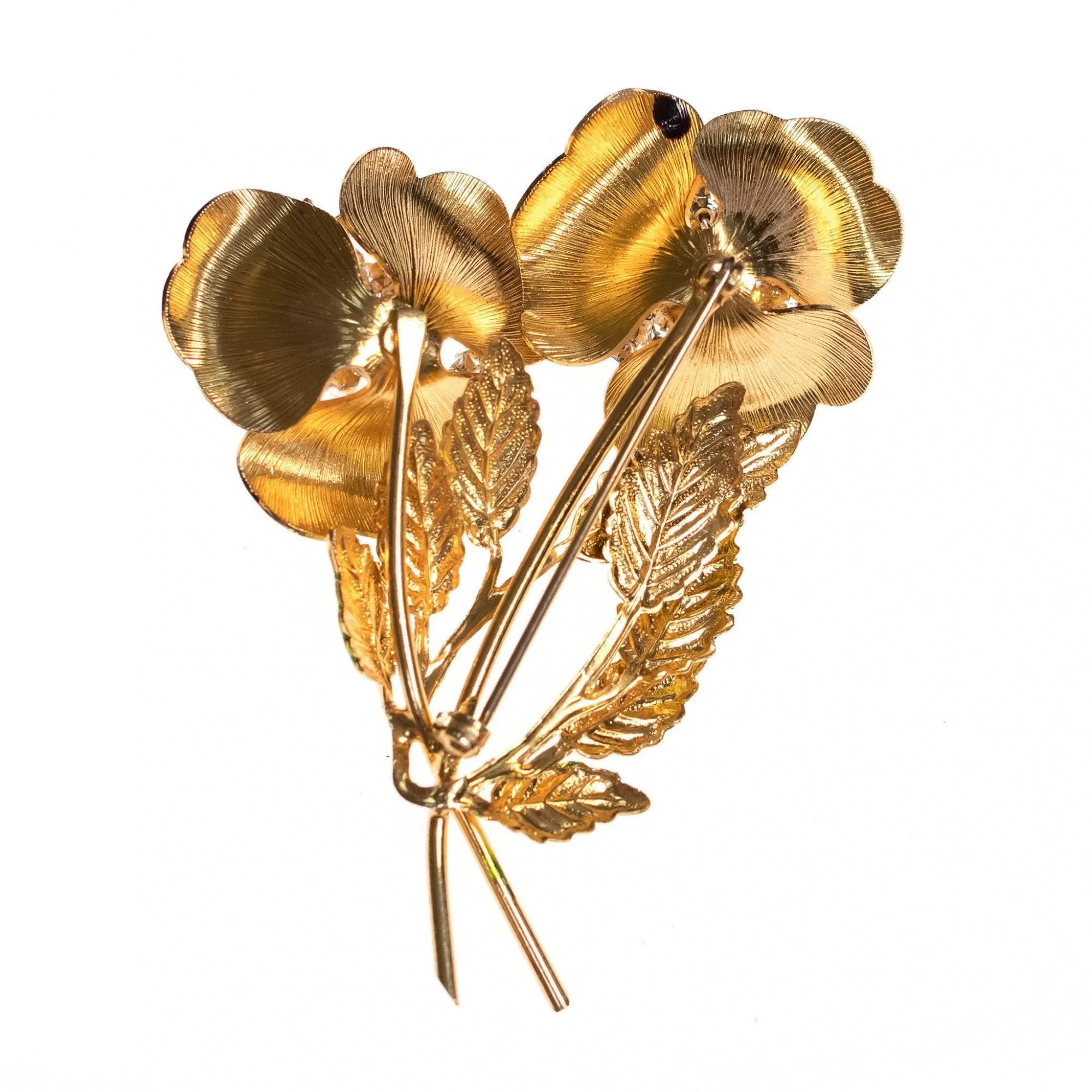 Vintage Gold Long Stem Rose Cluster Brooch with Rhinestone Trembler Centers
