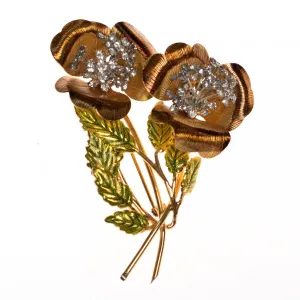 Vintage Gold Long Stem Rose Cluster Brooch with Rhinestone Trembler Centers