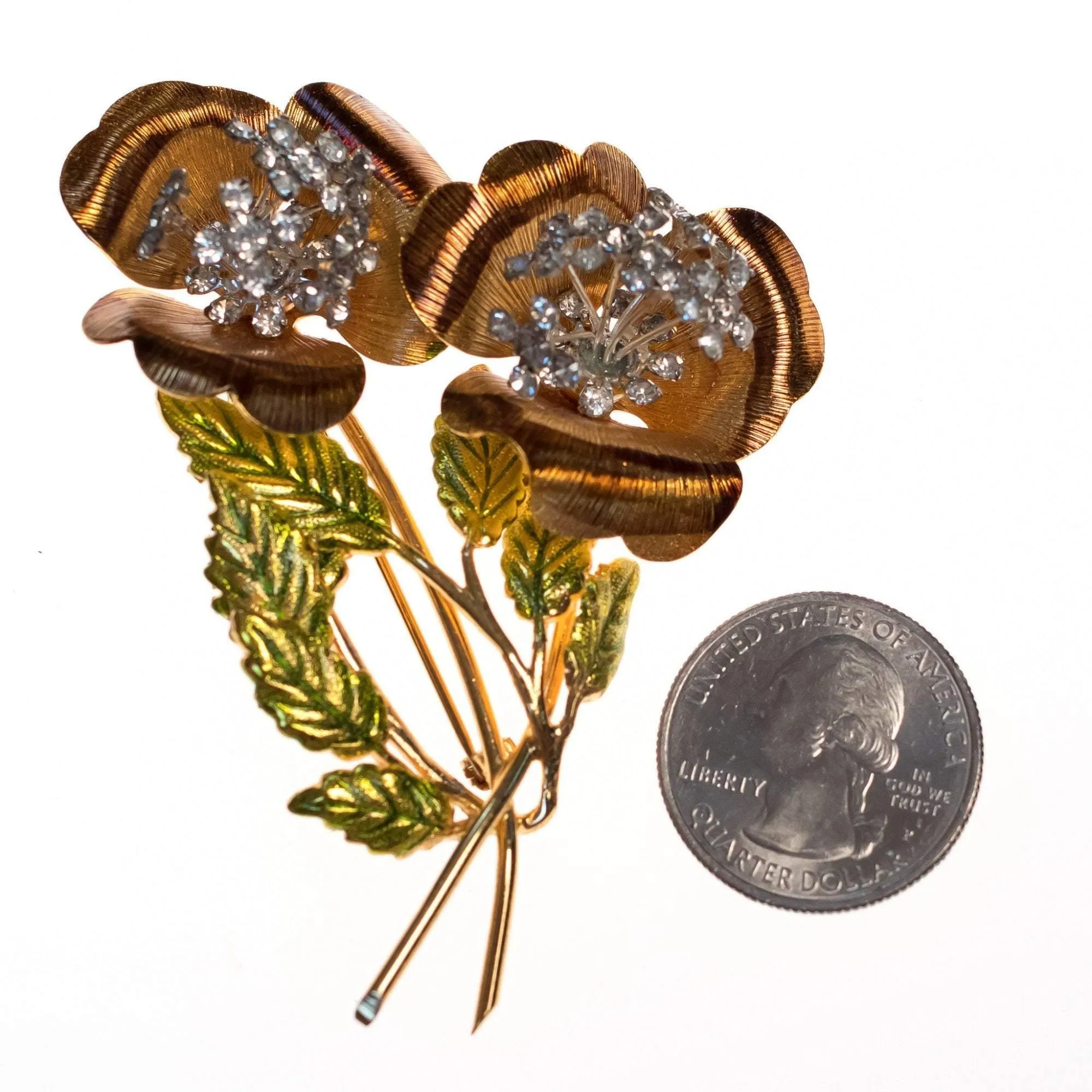 Vintage Gold Long Stem Rose Cluster Brooch with Rhinestone Trembler Centers