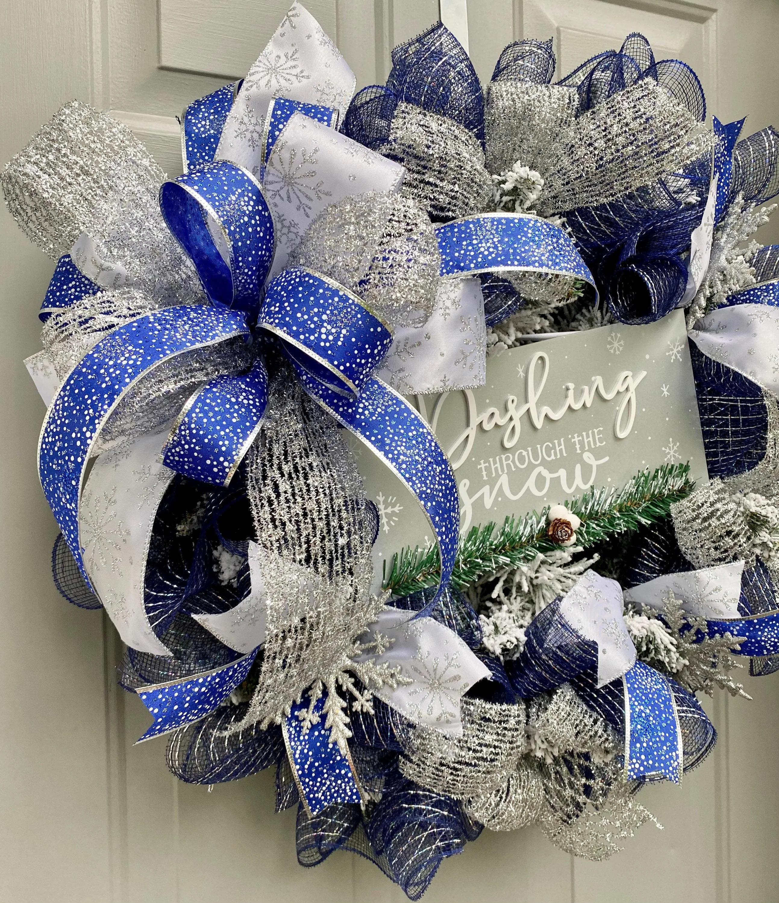 Winter Wreath for Front Door, Christmas Porch Decor, Dashing Through The Snow Holiday Wreath